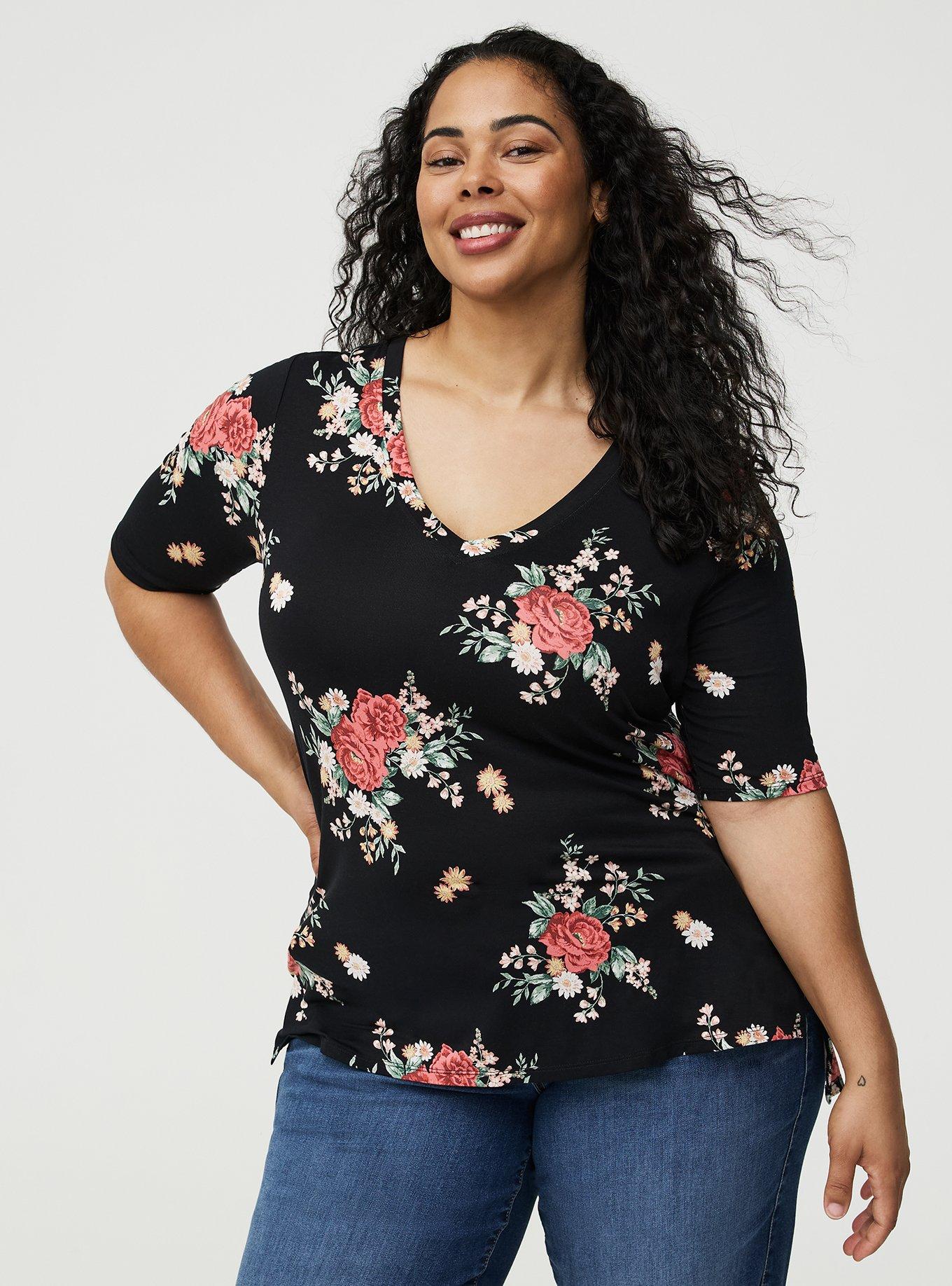Super Soft V-Neck Hi-Low Tunic, ALEXIS FLORAL BLACK, hi-res