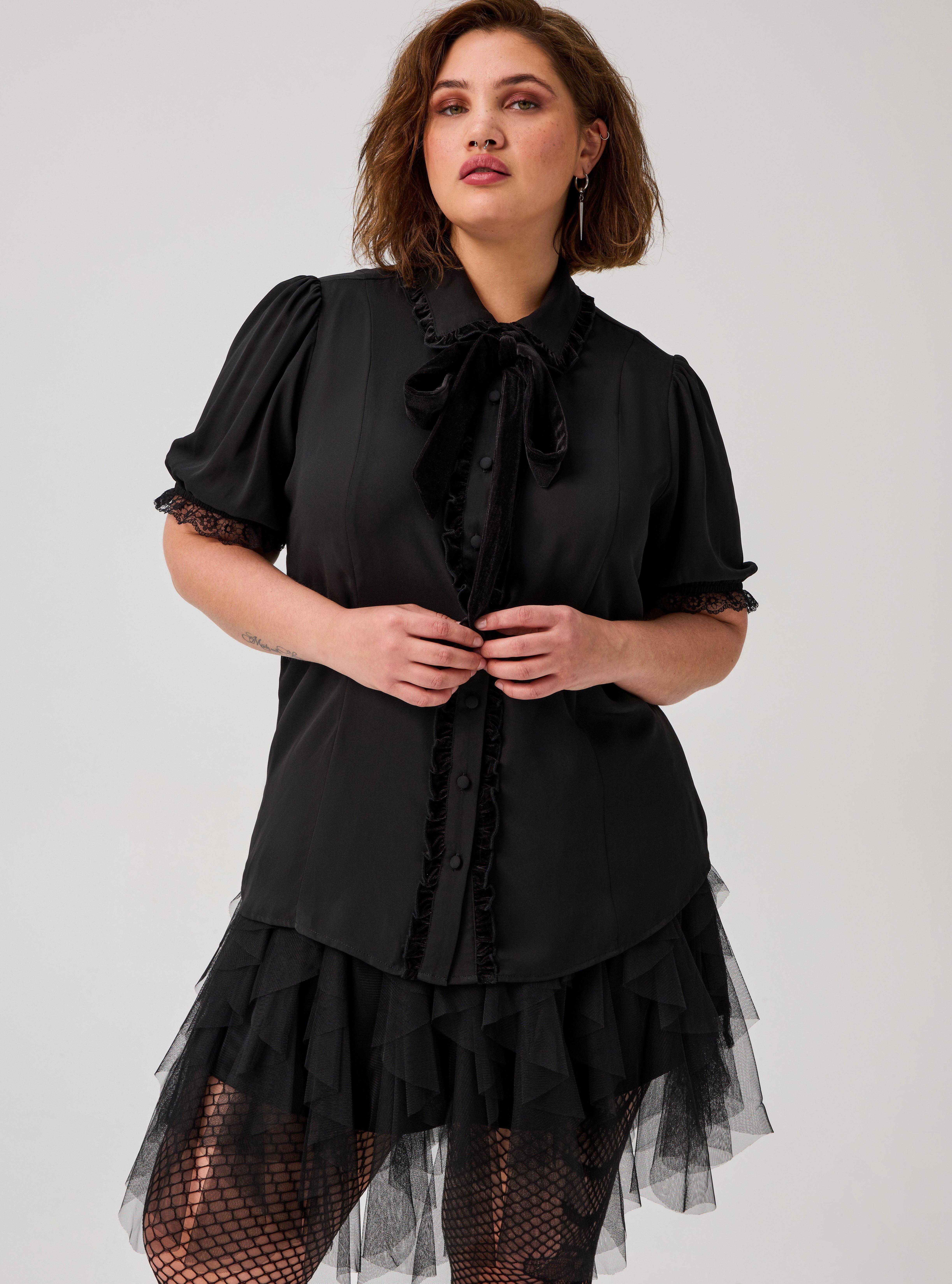 Nightfall Button Front Bow Top, DEEP BLACK, hi-res