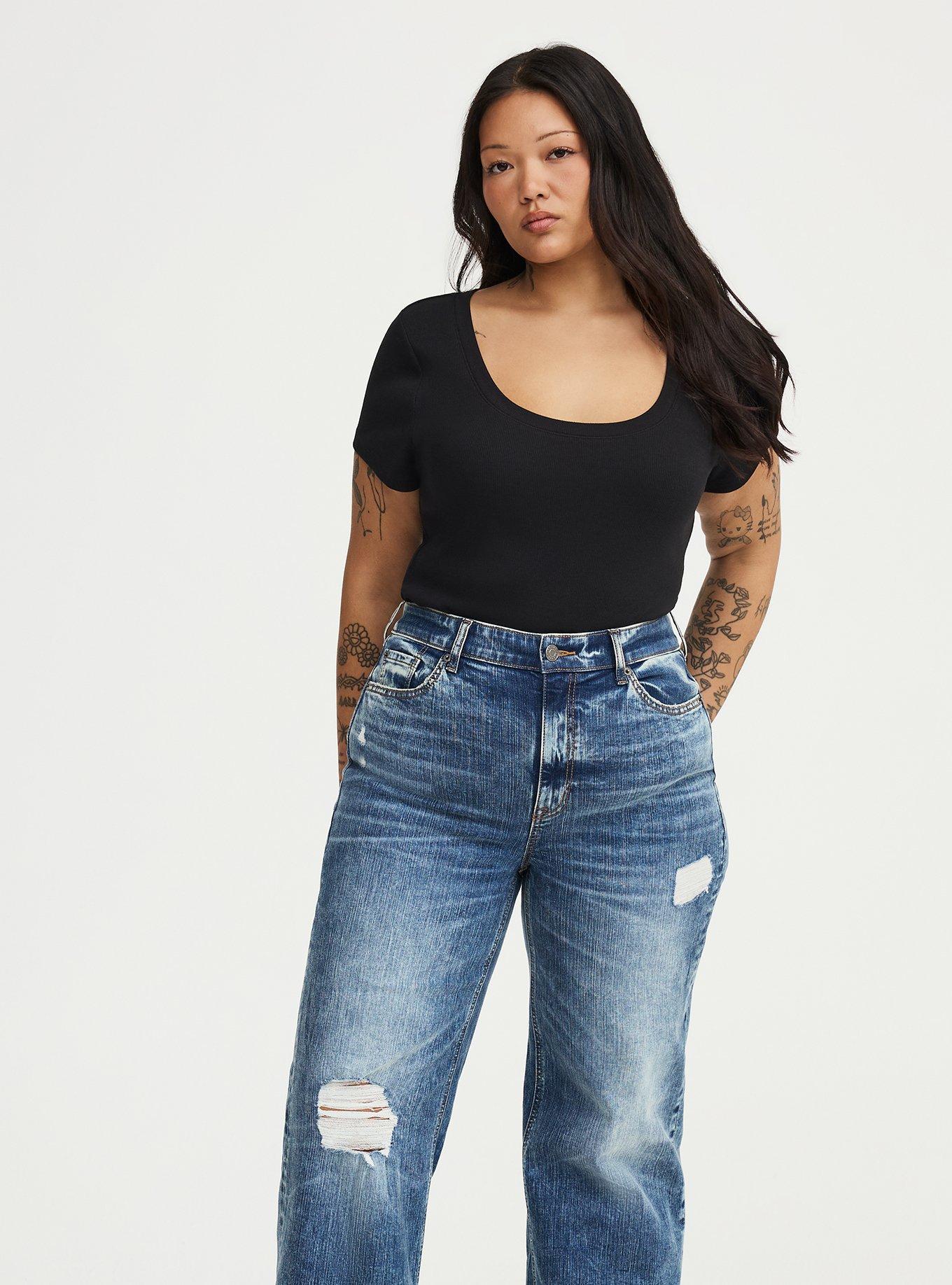 Cotton Modal Rib Scoop Tee, DEEP BLACK, alternate