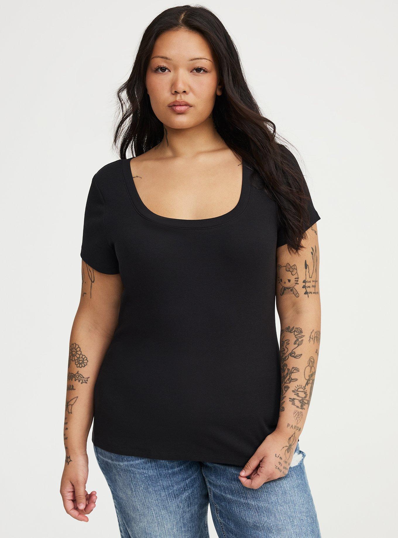 Cotton Modal Rib Scoop Tee, DEEP BLACK, hi-res