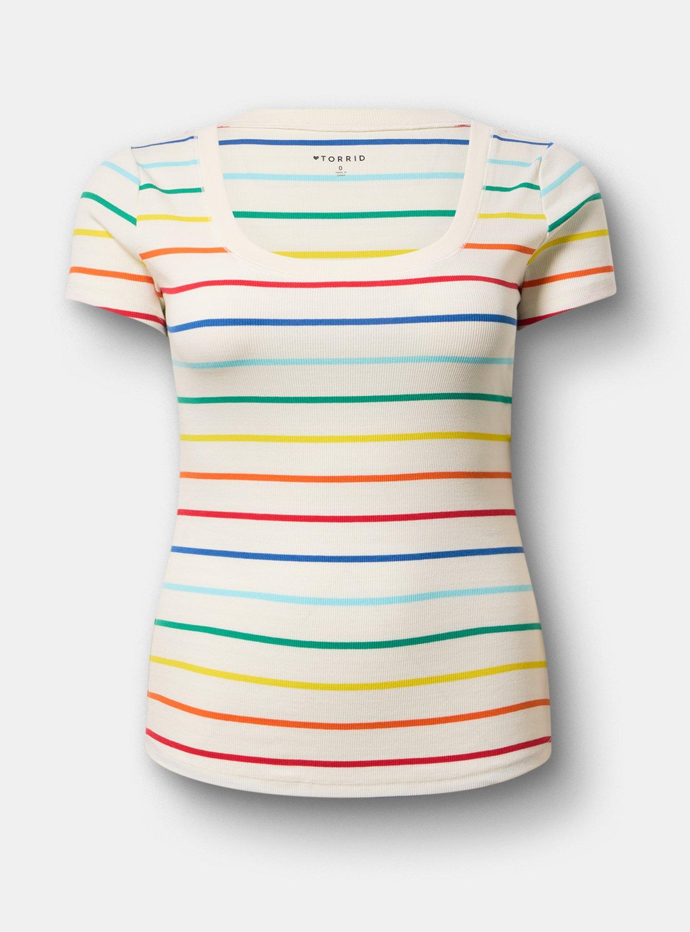 Cotton Modal Rib Scoop Tee, LOVE STRIPE IVORY, hi-res