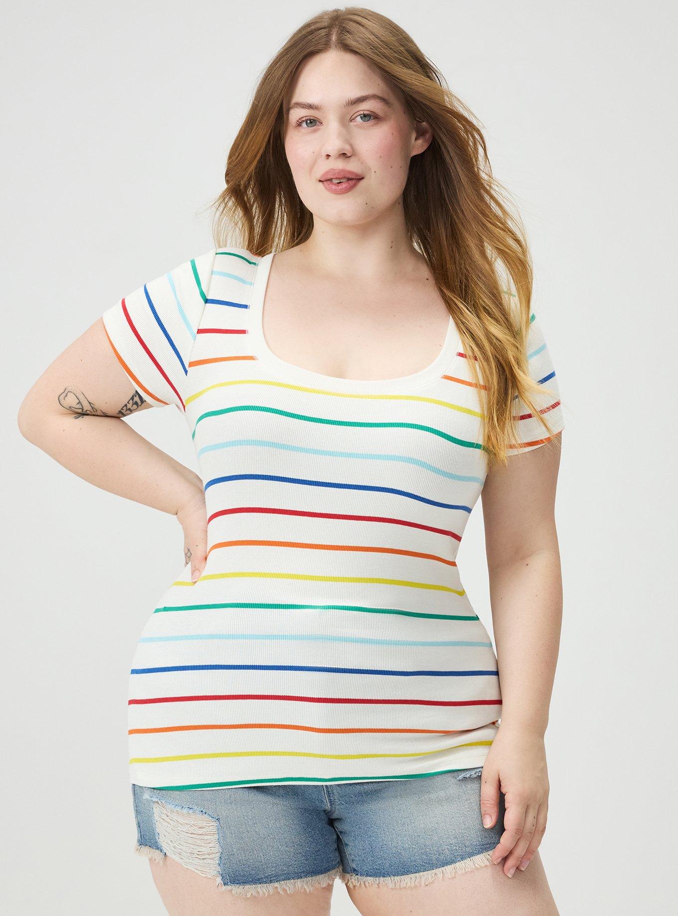 Cotton Modal Rib Scoop Tee, LOVE STRIPE IVORY, hi-res