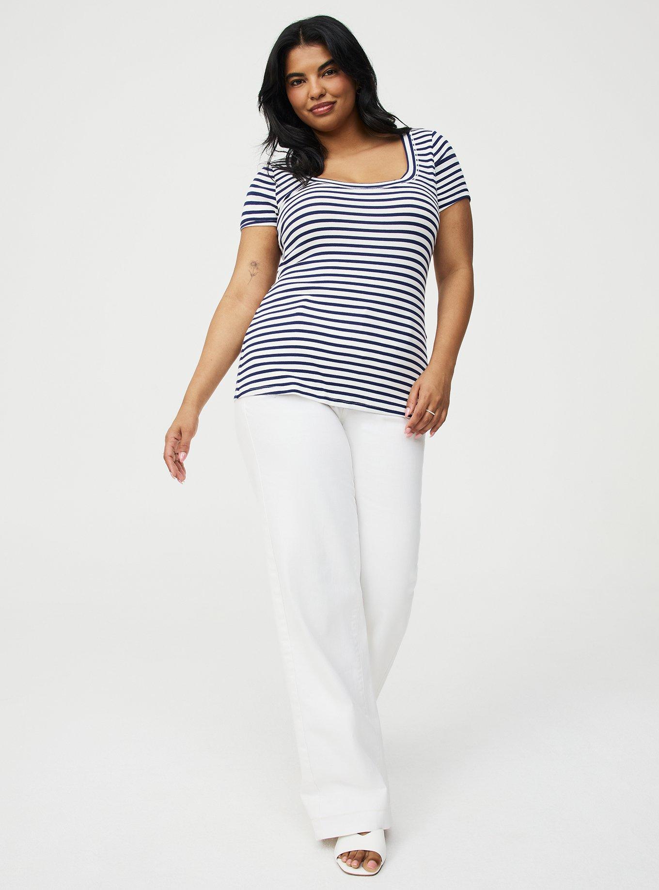 Cotton Modal Rib Scoop Tee, FINE NAVY STRIPE, hi-res
