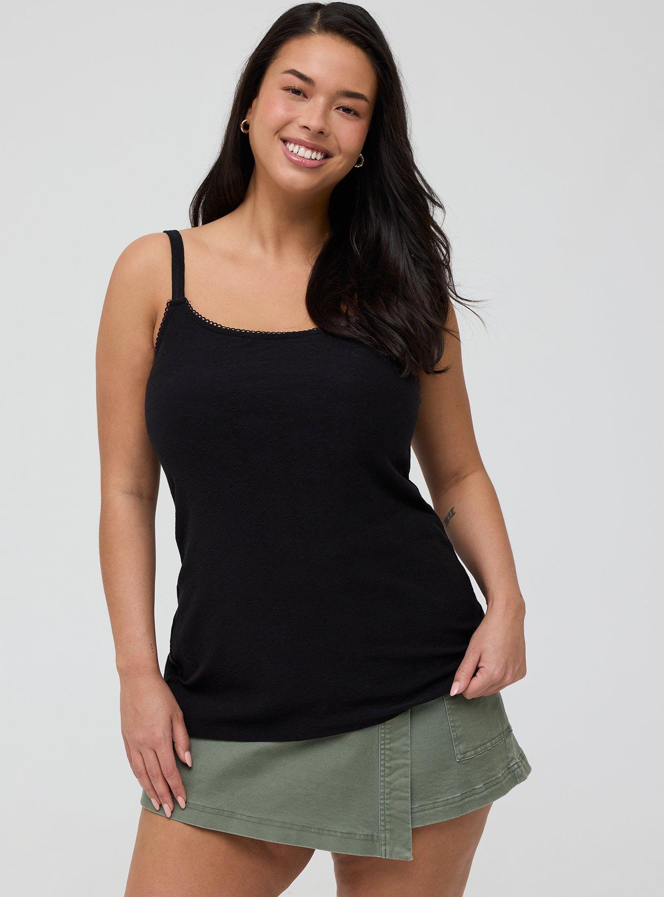 Cotton Stretch Eyelet Cami, DEEP BLACK, hi-res