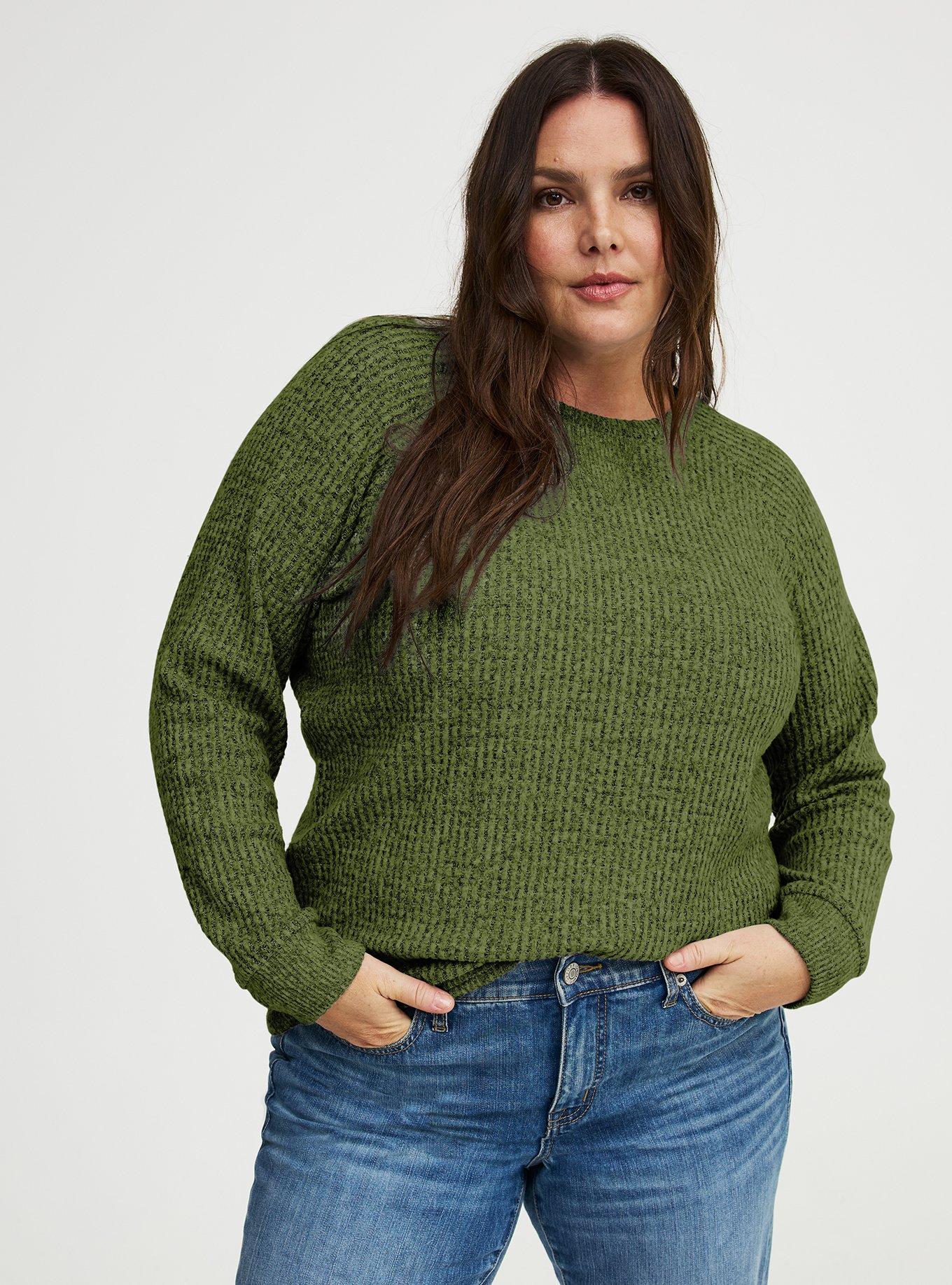 Brushed Waffle Raglan Sweatshirt, OLIVINE BLACK MARL, alternate