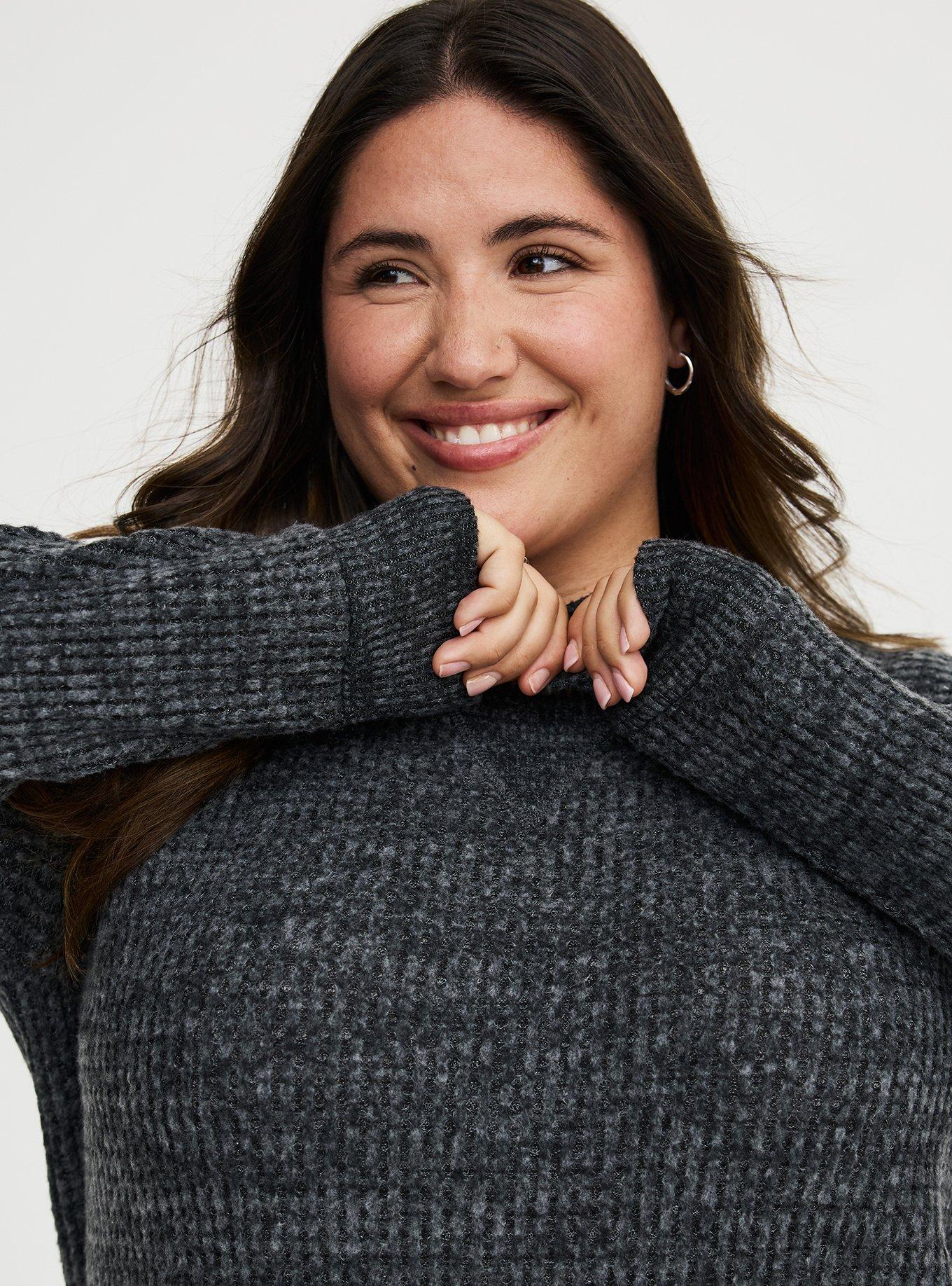 Brushed Waffle Raglan Sweatshirt, BLACK GRAY MARL, alternate