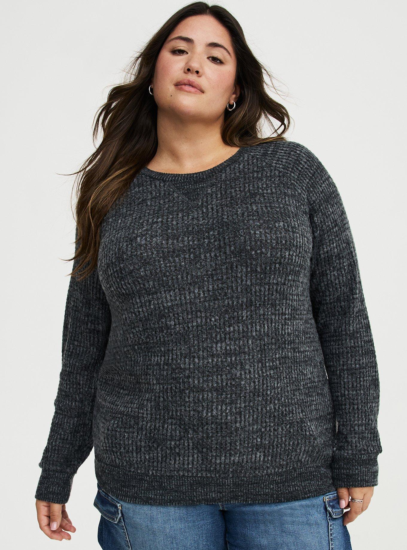 Brushed Waffle Raglan Sweatshirt, BLACK GRAY MARL, alternate