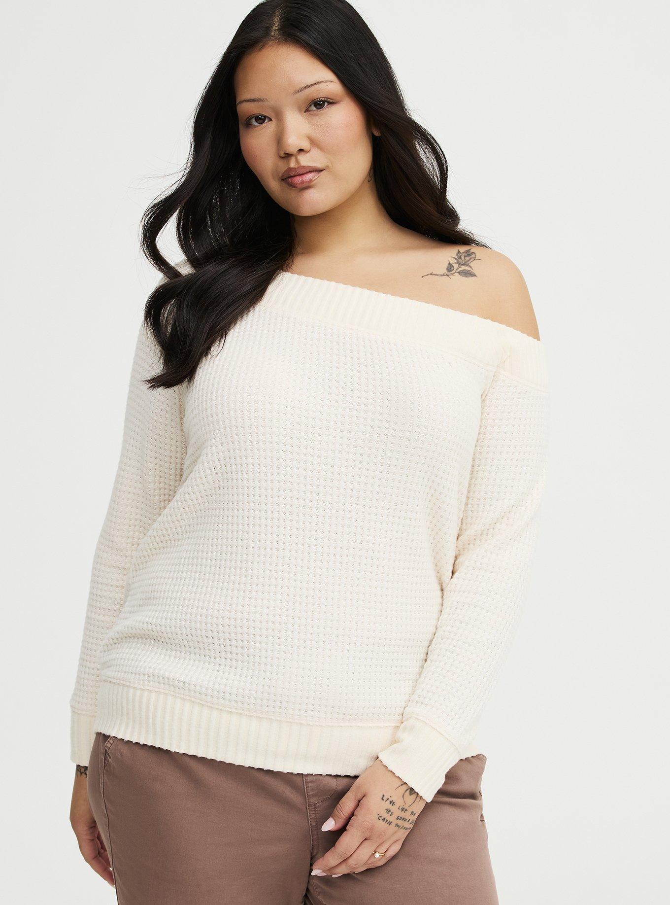 Brushed Waffle Off-The-Shoulder Sweatshirt, DEW, alternate