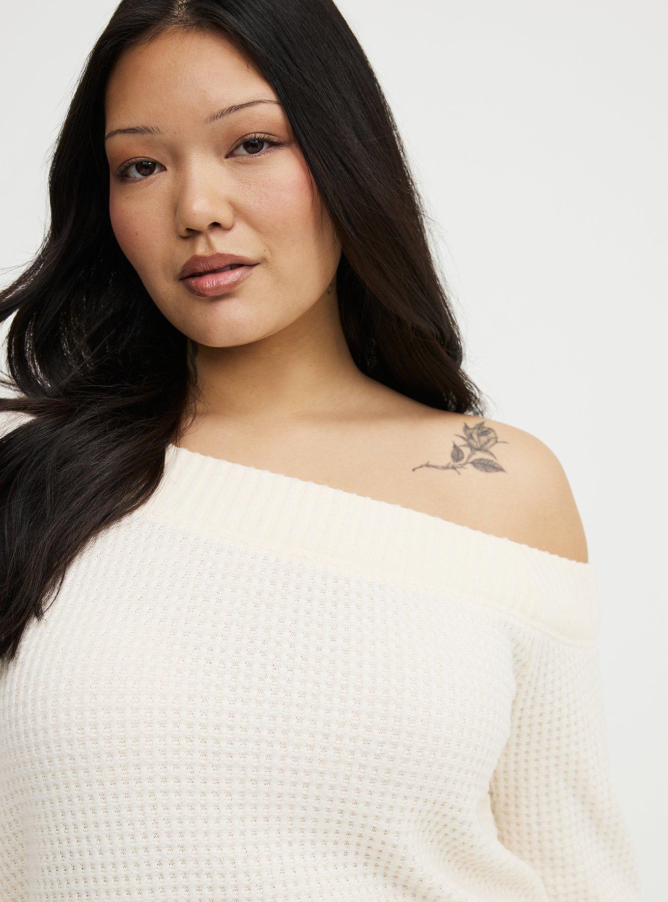 Brushed Waffle Off-The-Shoulder Sweatshirt, DEW, alternate