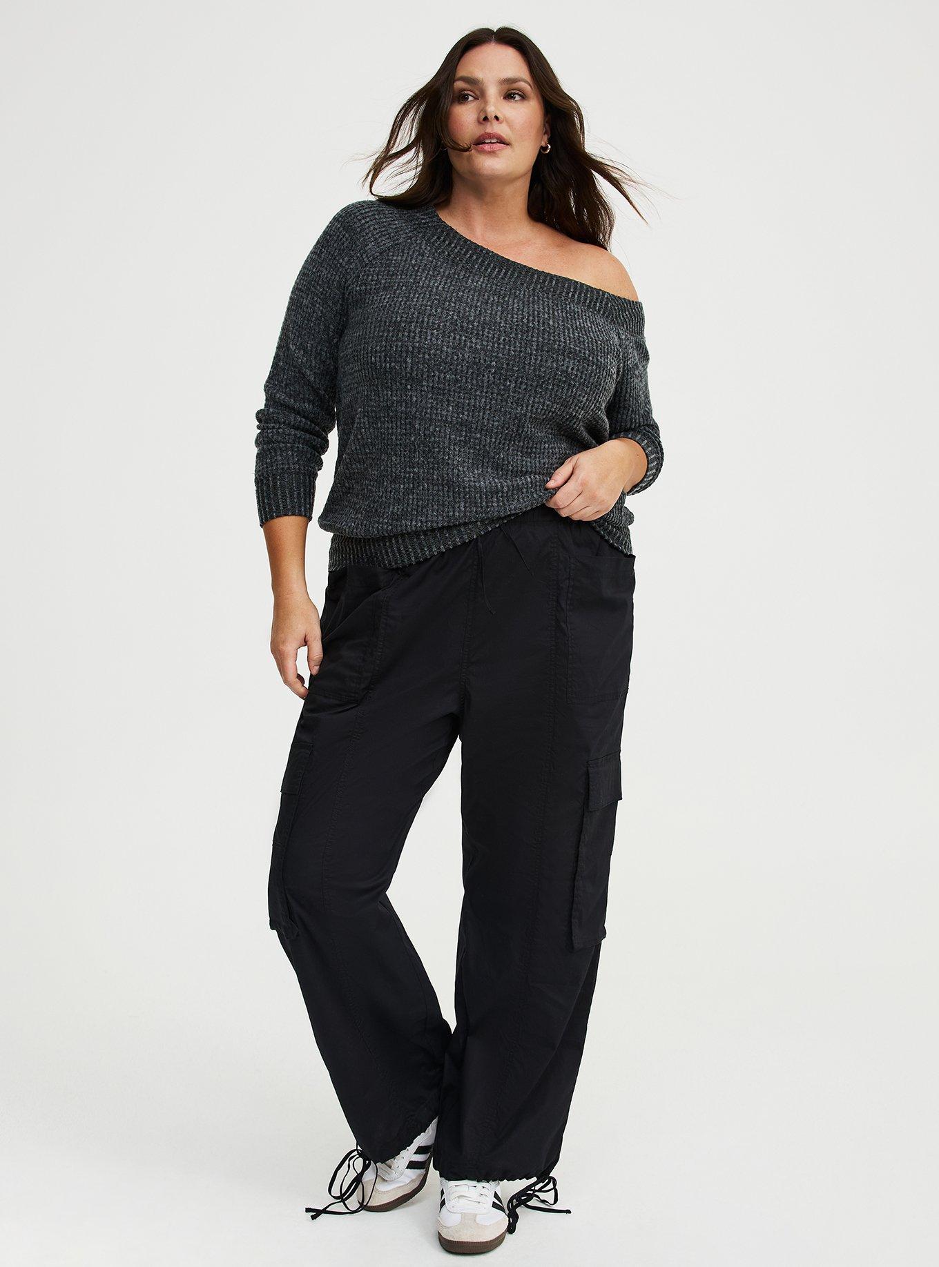 Brushed Waffle Off-The-Shoulder Sweatshirt, BLACK GRAY MARL, alternate