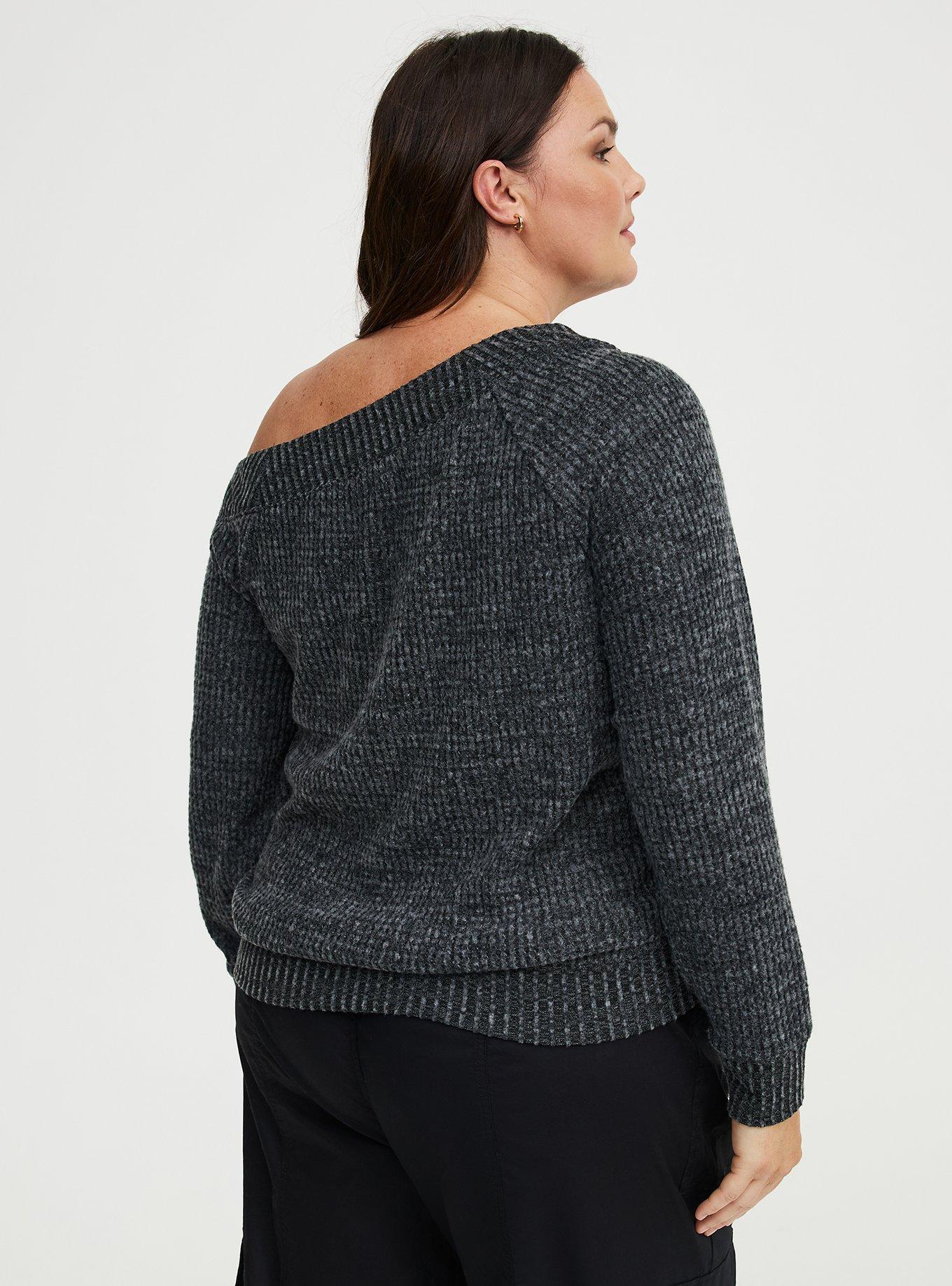 Brushed Waffle Off-The-Shoulder Sweatshirt, BLACK GRAY MARL, alternate