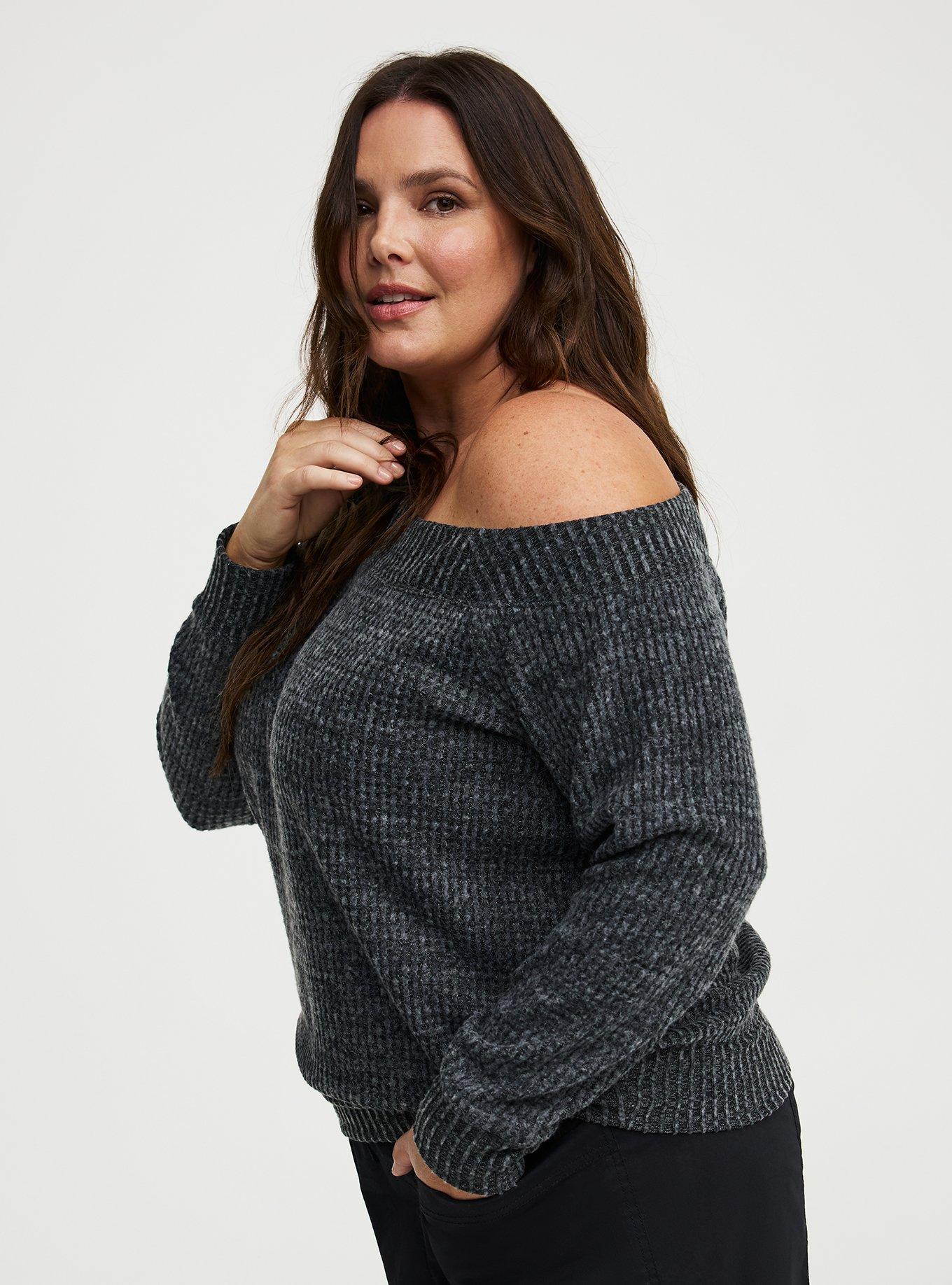 Brushed Waffle Off-The-Shoulder Sweatshirt, BLACK GRAY MARL, alternate