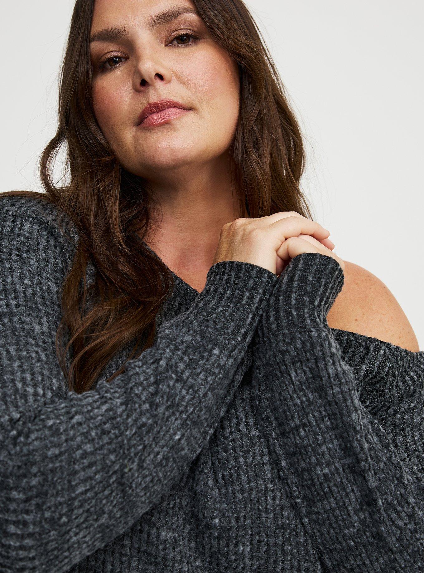 Brushed Waffle Off-The-Shoulder Sweatshirt, BLACK GRAY MARL, alternate