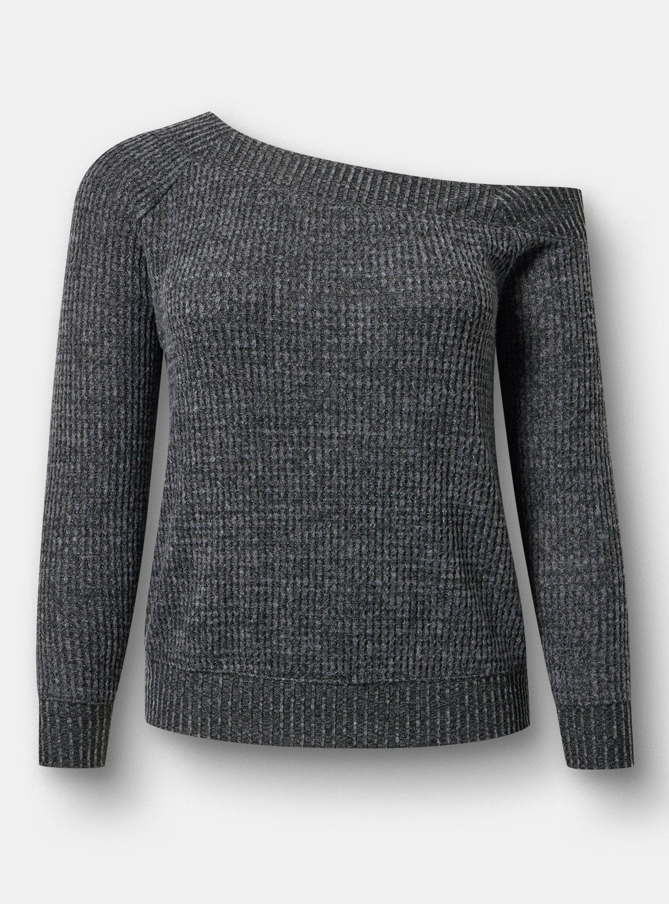 Brushed Waffle Off-The-Shoulder Sweatshirt, BLACK GRAY MARL, hi-res