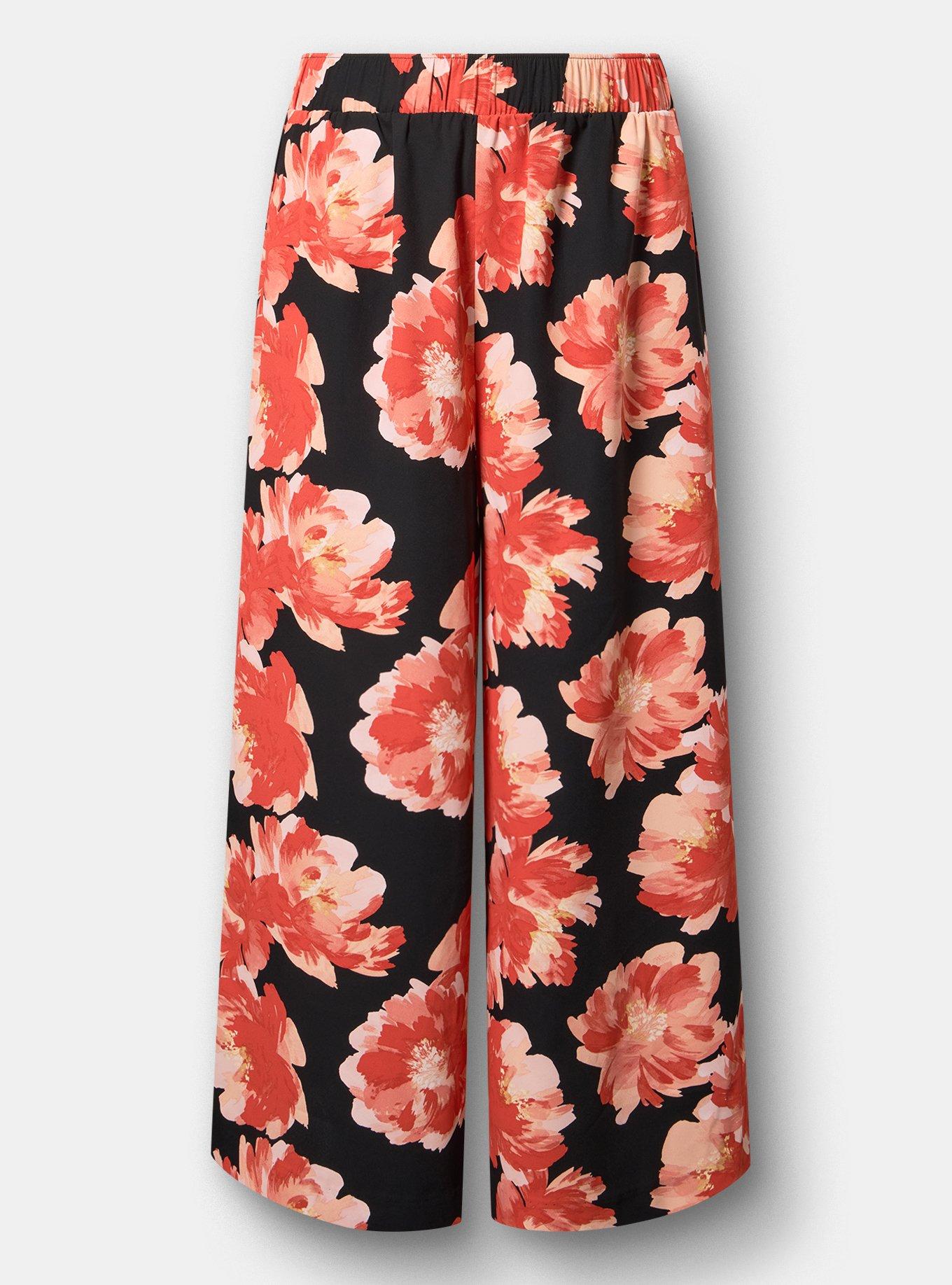 Pull-On High-Rise Palazzo Pant, SHOWERING PEONIES FLORAL BLACK, flat