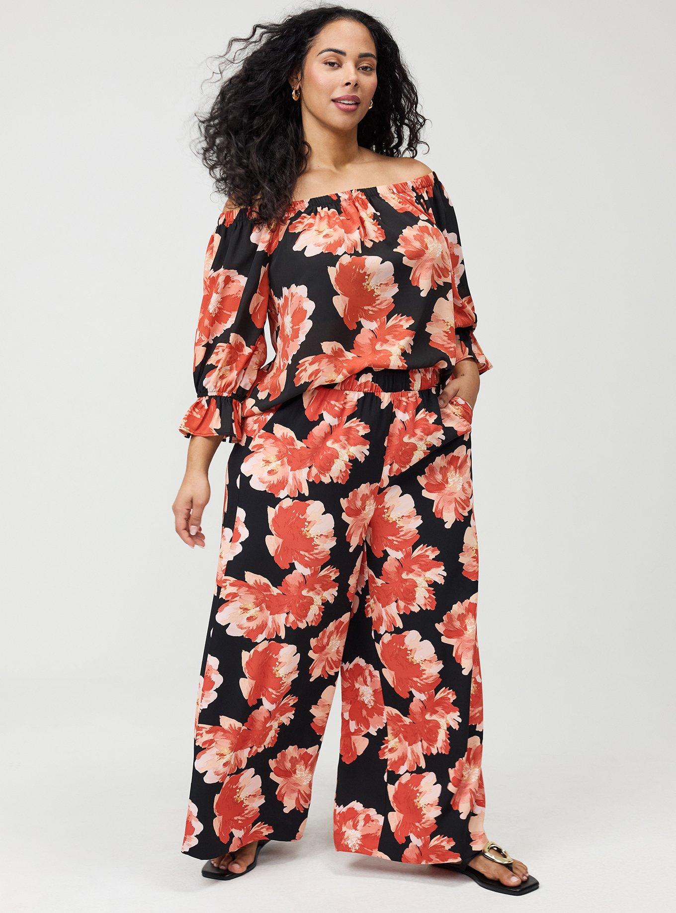 Pull-On High-Rise Palazzo Pant, SHOWERING PEONIES FLORAL BLACK, hi-res
