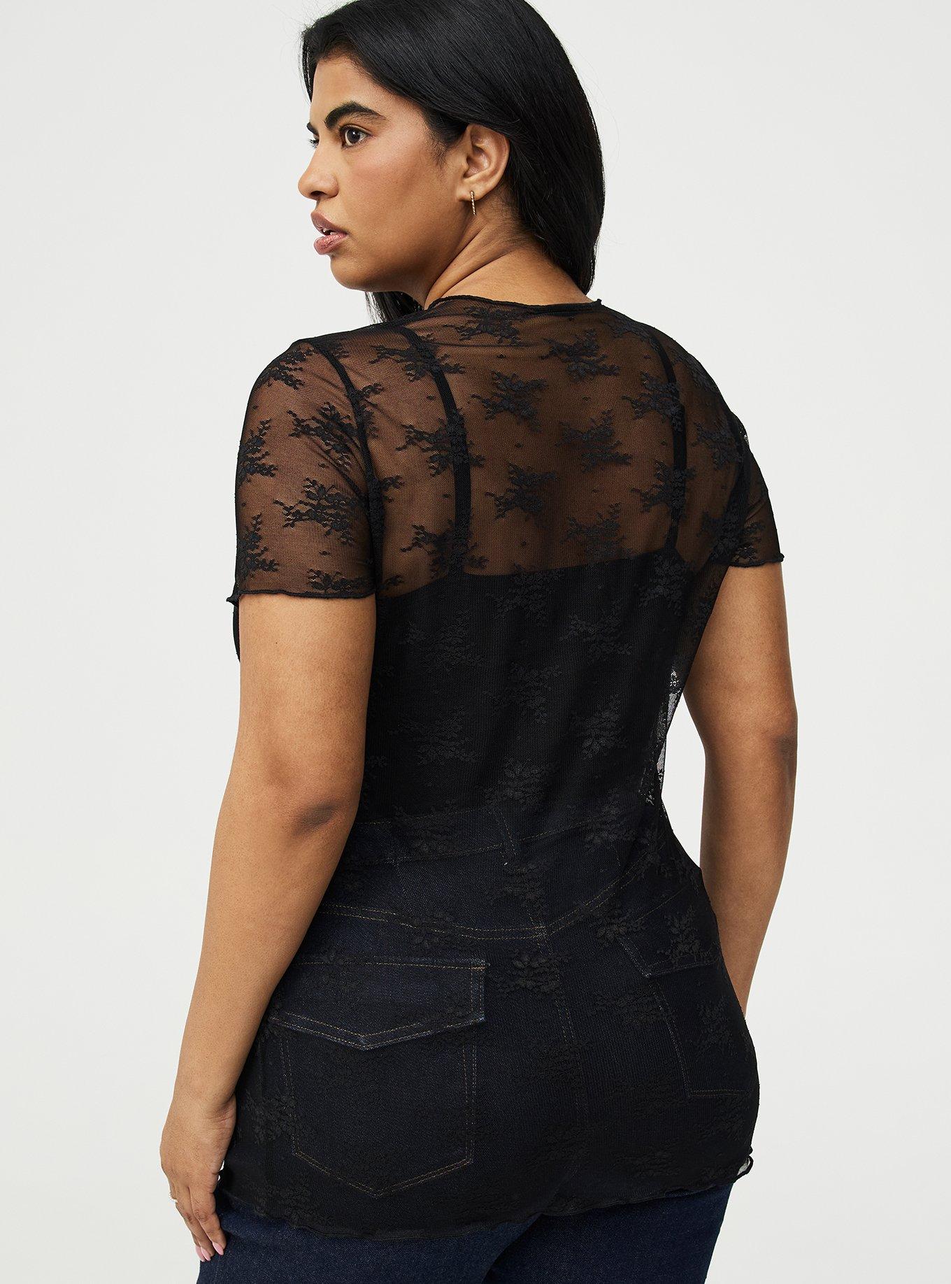 Sheer Lace Short Sleeve Top, DEEP BLACK, alternate