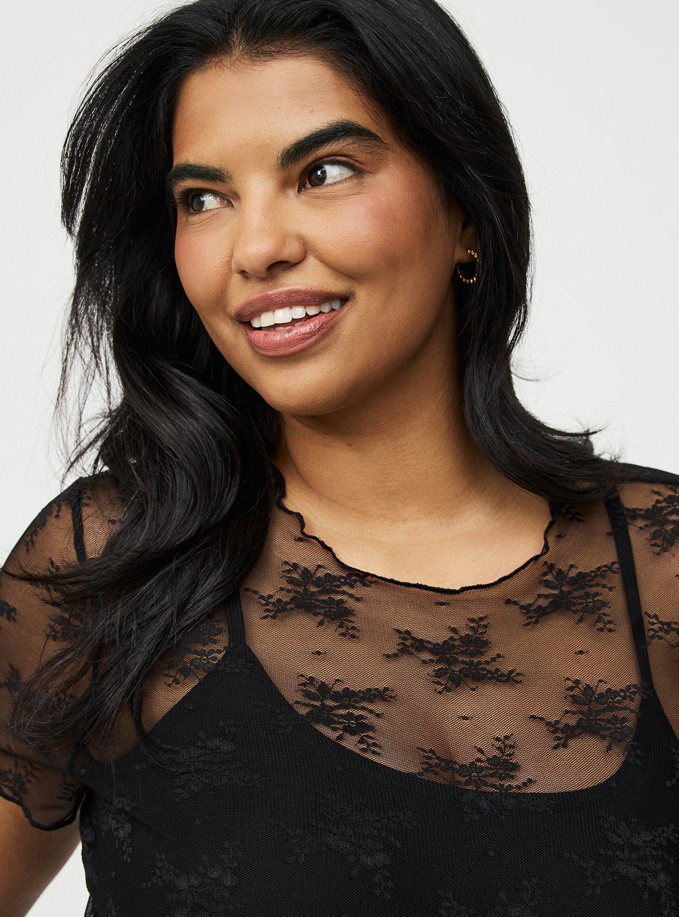 Sheer Lace Short Sleeve Top, DEEP BLACK, alternate