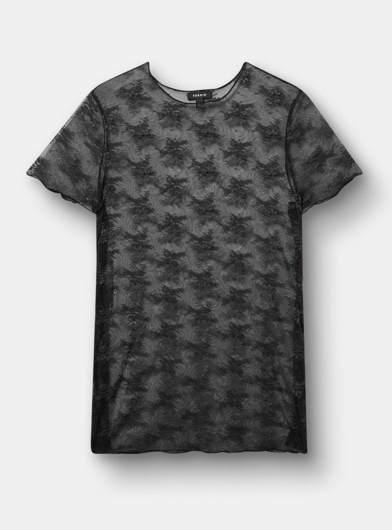 Sheer Lace Short Sleeve Top, DEEP BLACK, hi-res