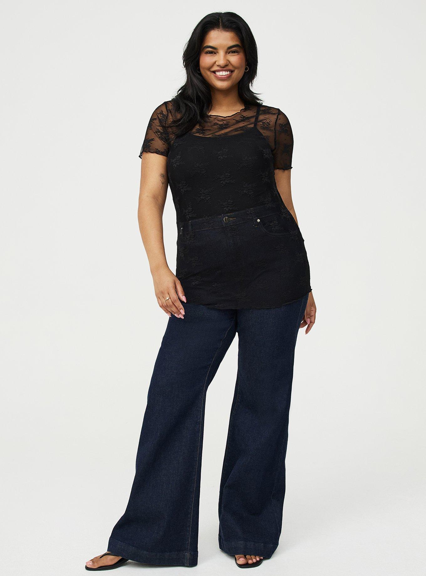 Sheer Lace Short Sleeve Top, DEEP BLACK, hi-res