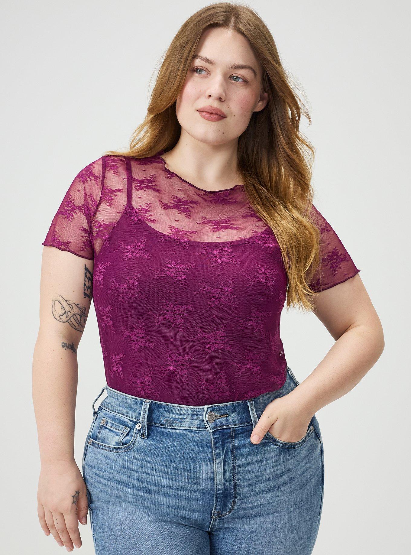 Sheer Lace Short Sleeve Top, PLUM CASPIA, alternate