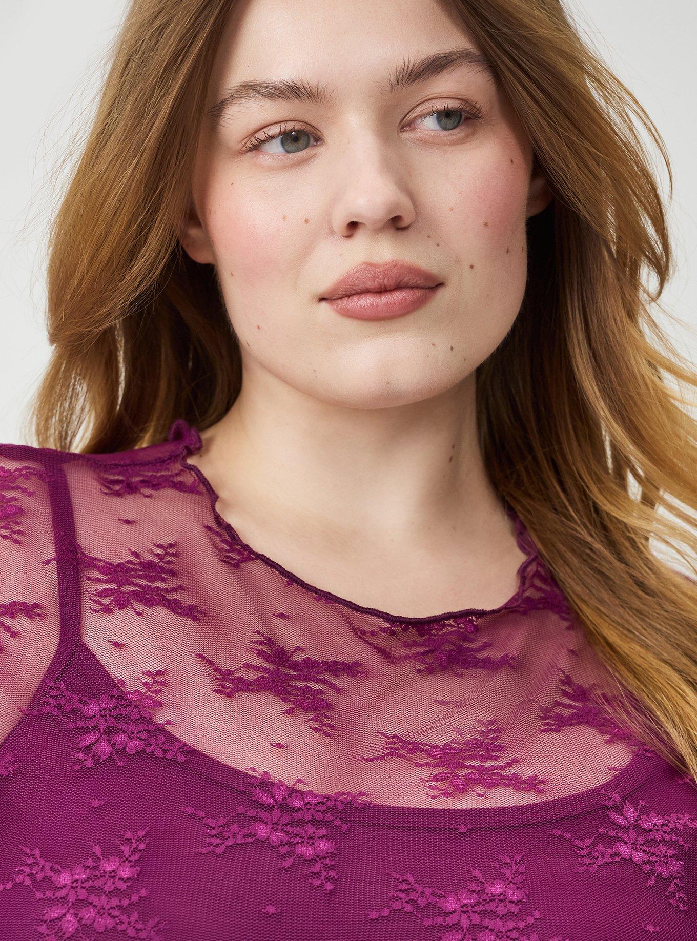 Sheer Lace Short Sleeve Top, PLUM CASPIA, alternate