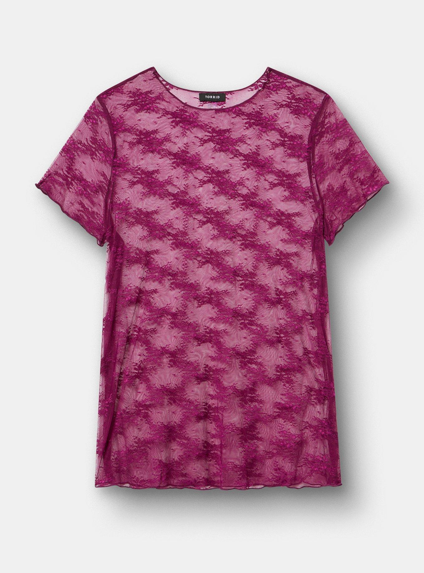 Sheer Lace Short Sleeve Top, PLUM CASPIA, hi-res