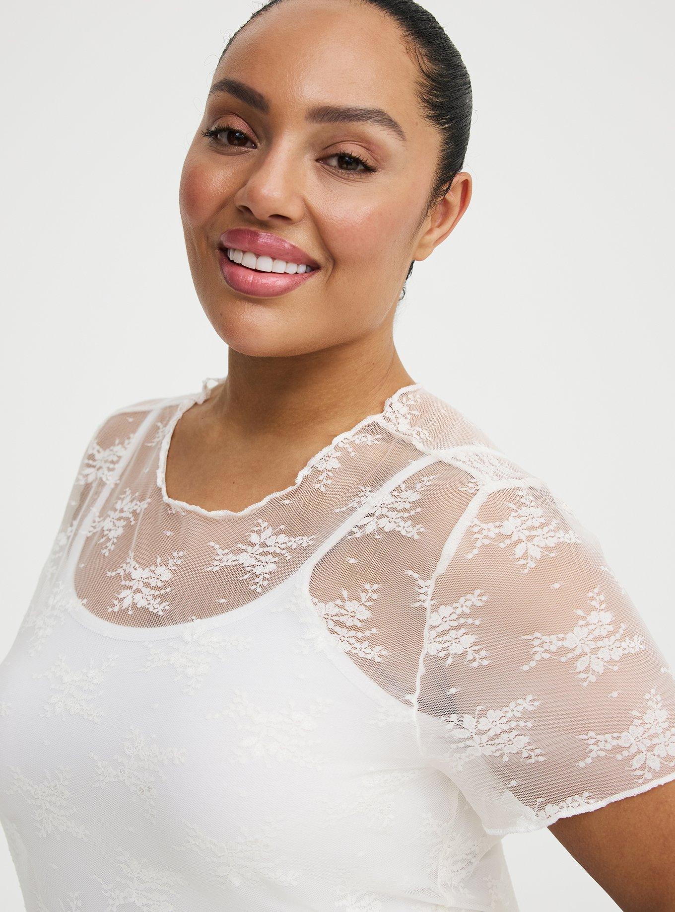 Sheer Lace Short Sleeve Top, WHISPER WHITE, alternate