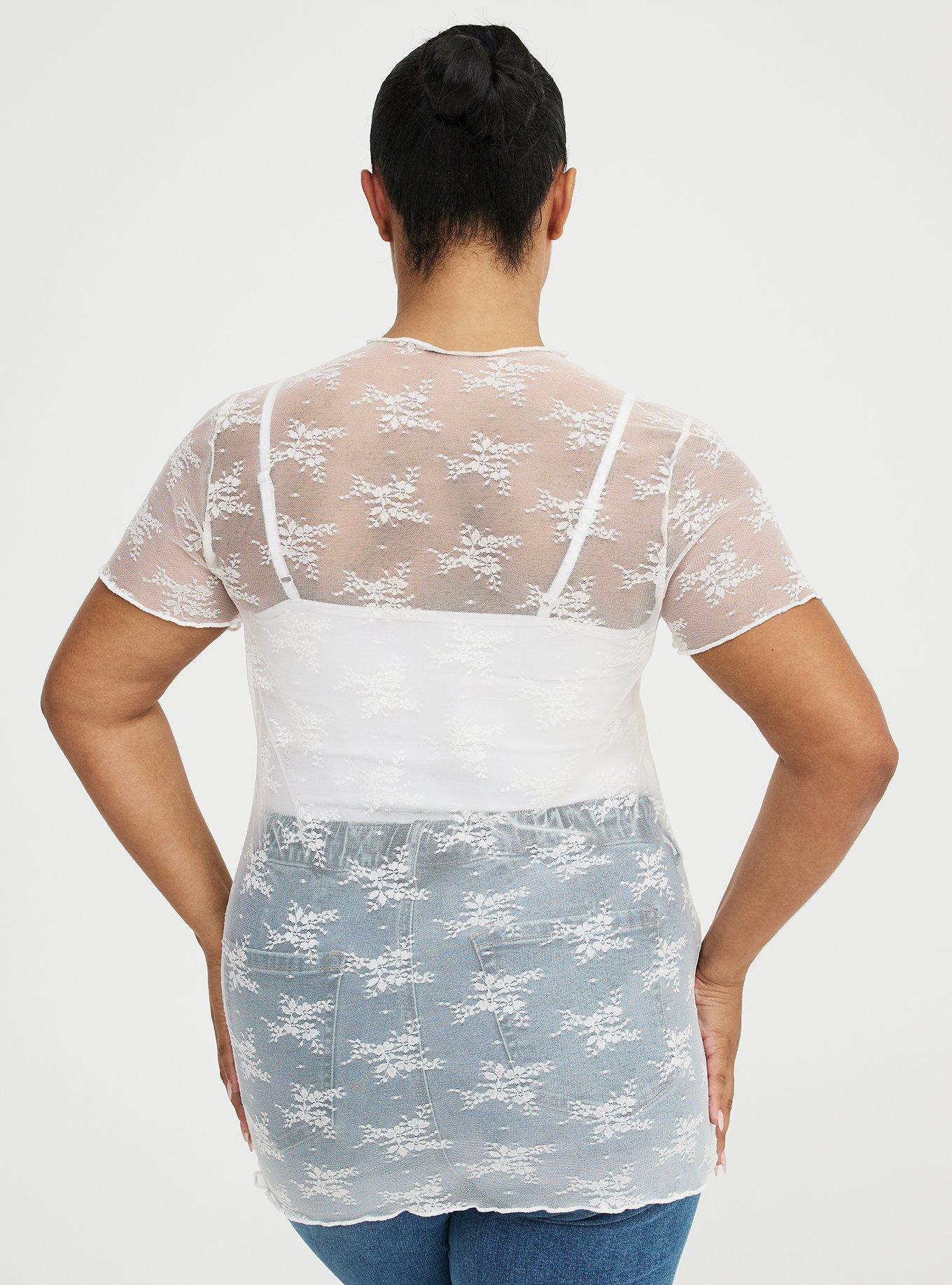 Sheer Lace Short Sleeve Top, WHISPER WHITE, alternate