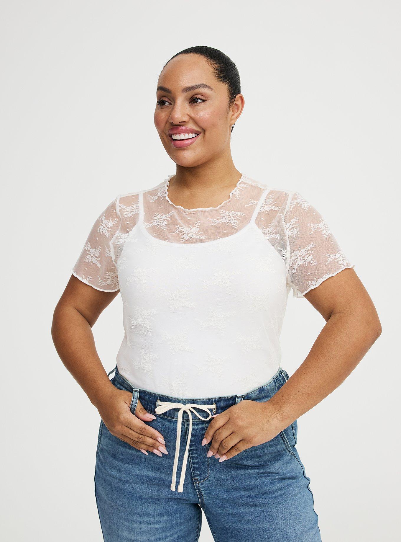 Sheer Lace Short Sleeve Top, WHISPER WHITE, alternate