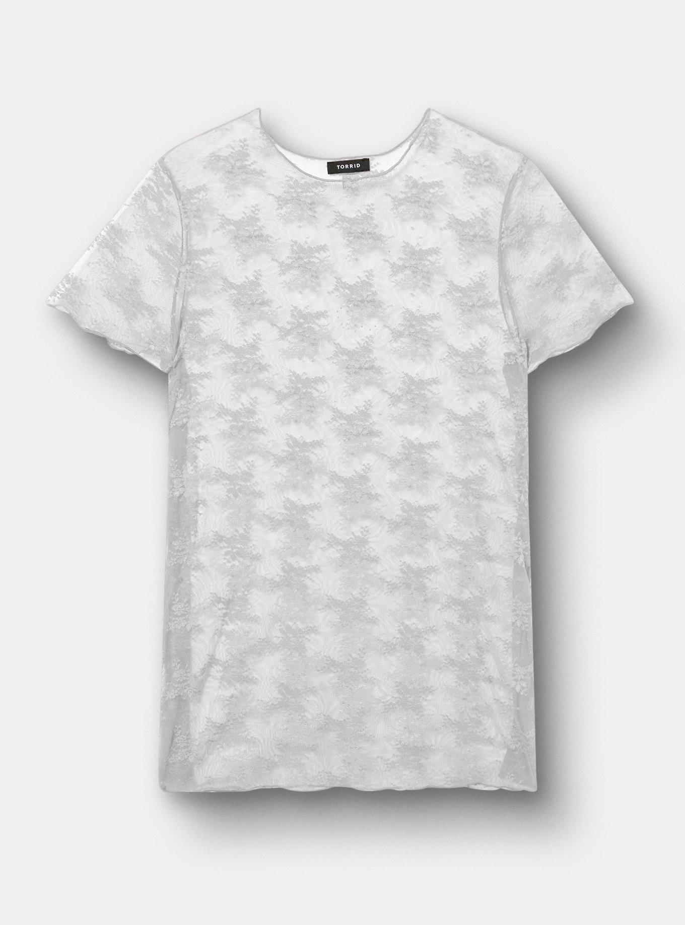 Sheer Lace Short Sleeve Top, WHISPER WHITE, hi-res