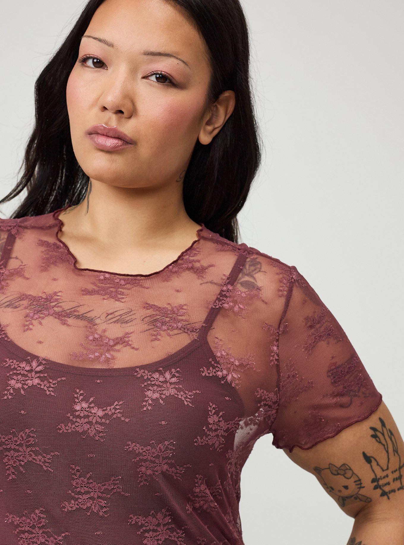 Sheer Lace Short Sleeve Top, WILD GINGER, alternate