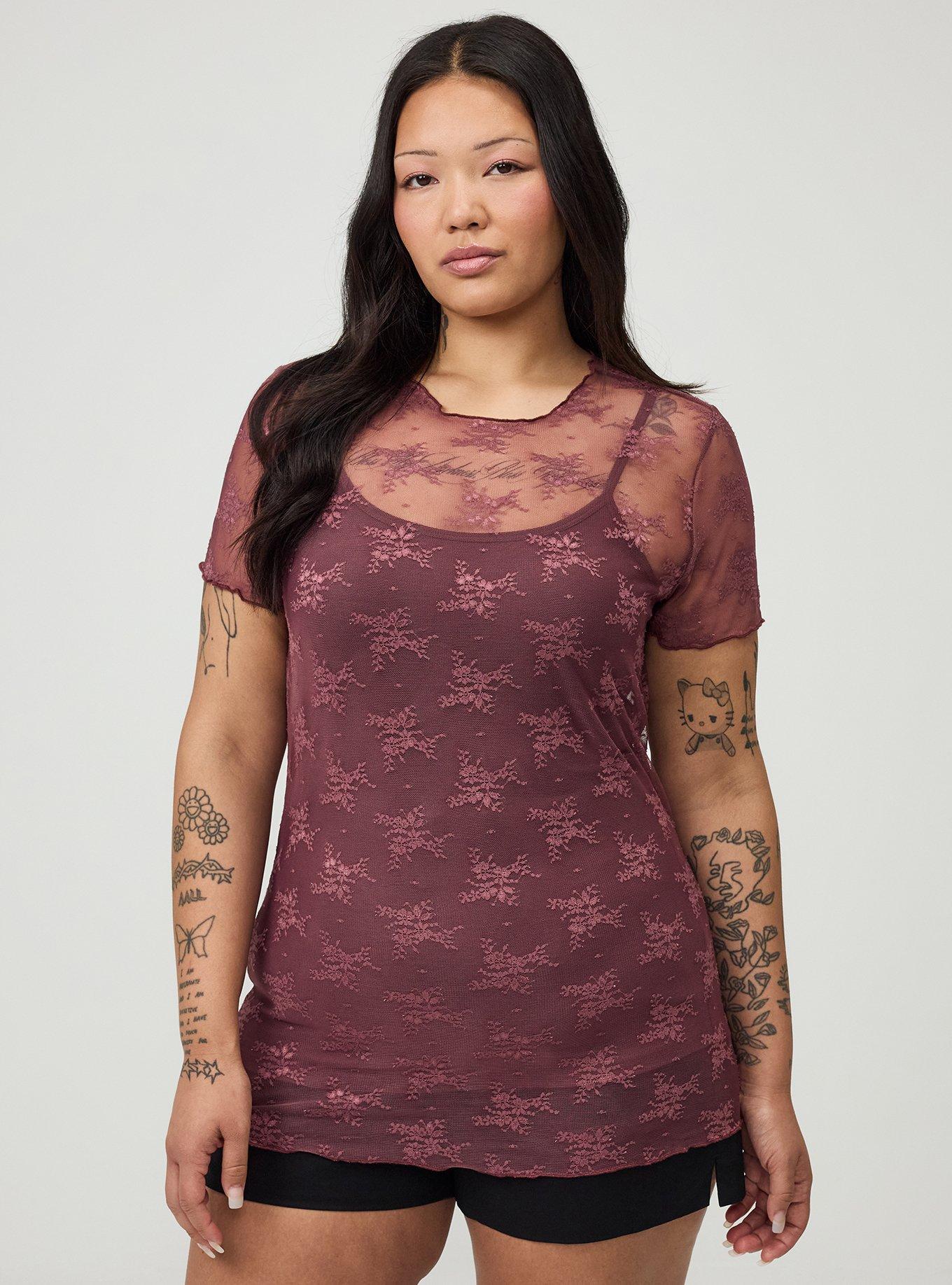 Sheer Lace Short Sleeve Top, WILD GINGER, hi-res
