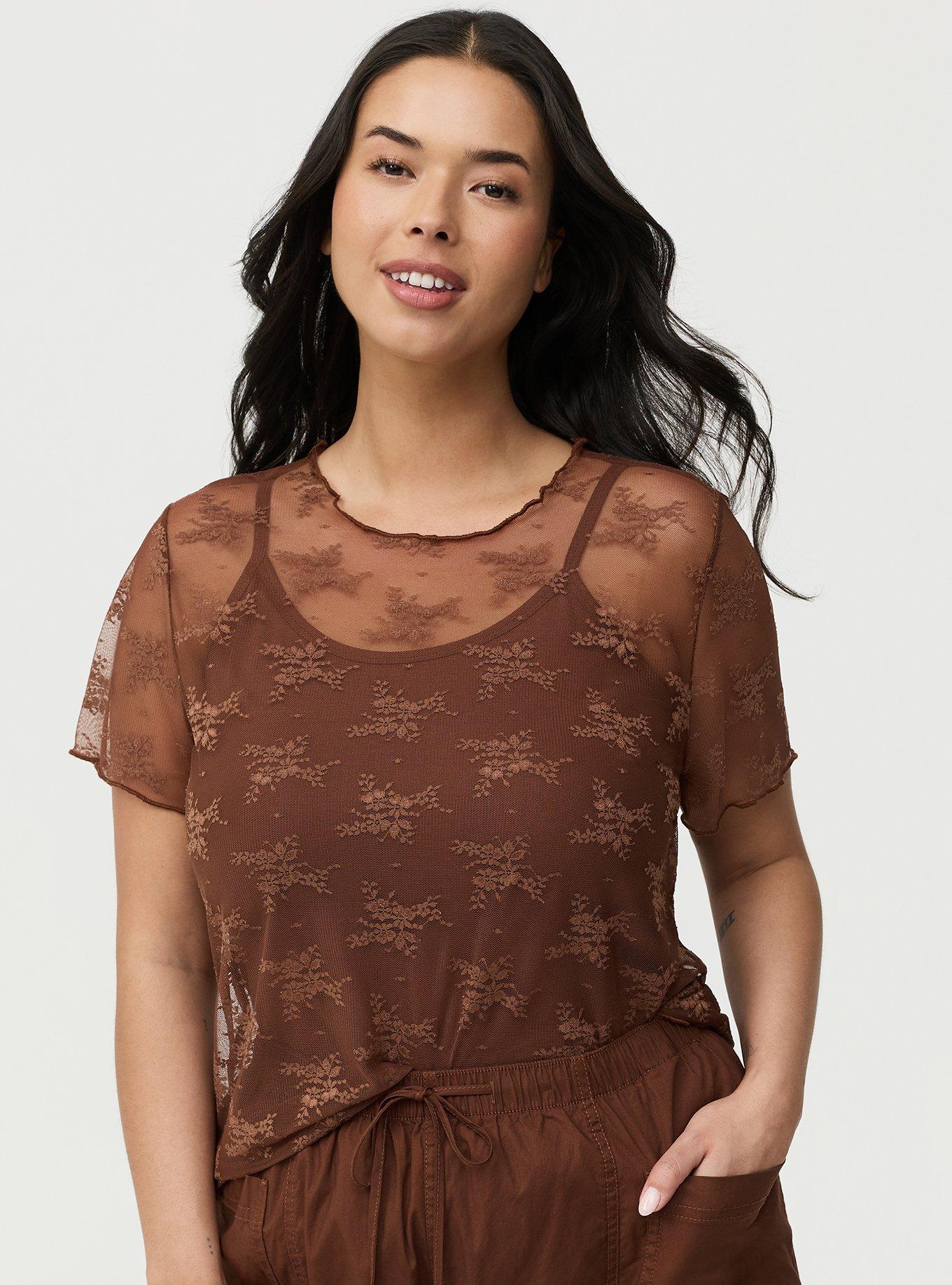 Sheer Lace Short Sleeve Top, CAPPUCCINO, alternate