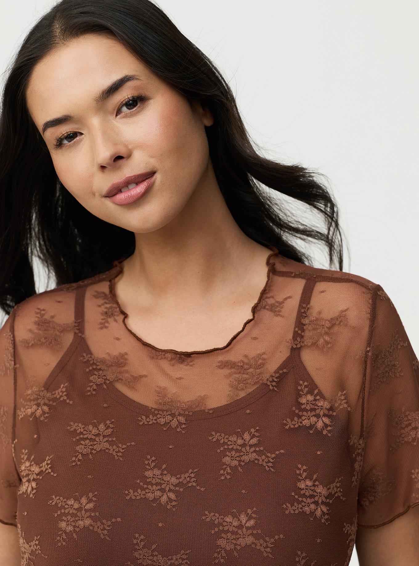 Sheer Lace Short Sleeve Top, CAPPUCCINO, alternate