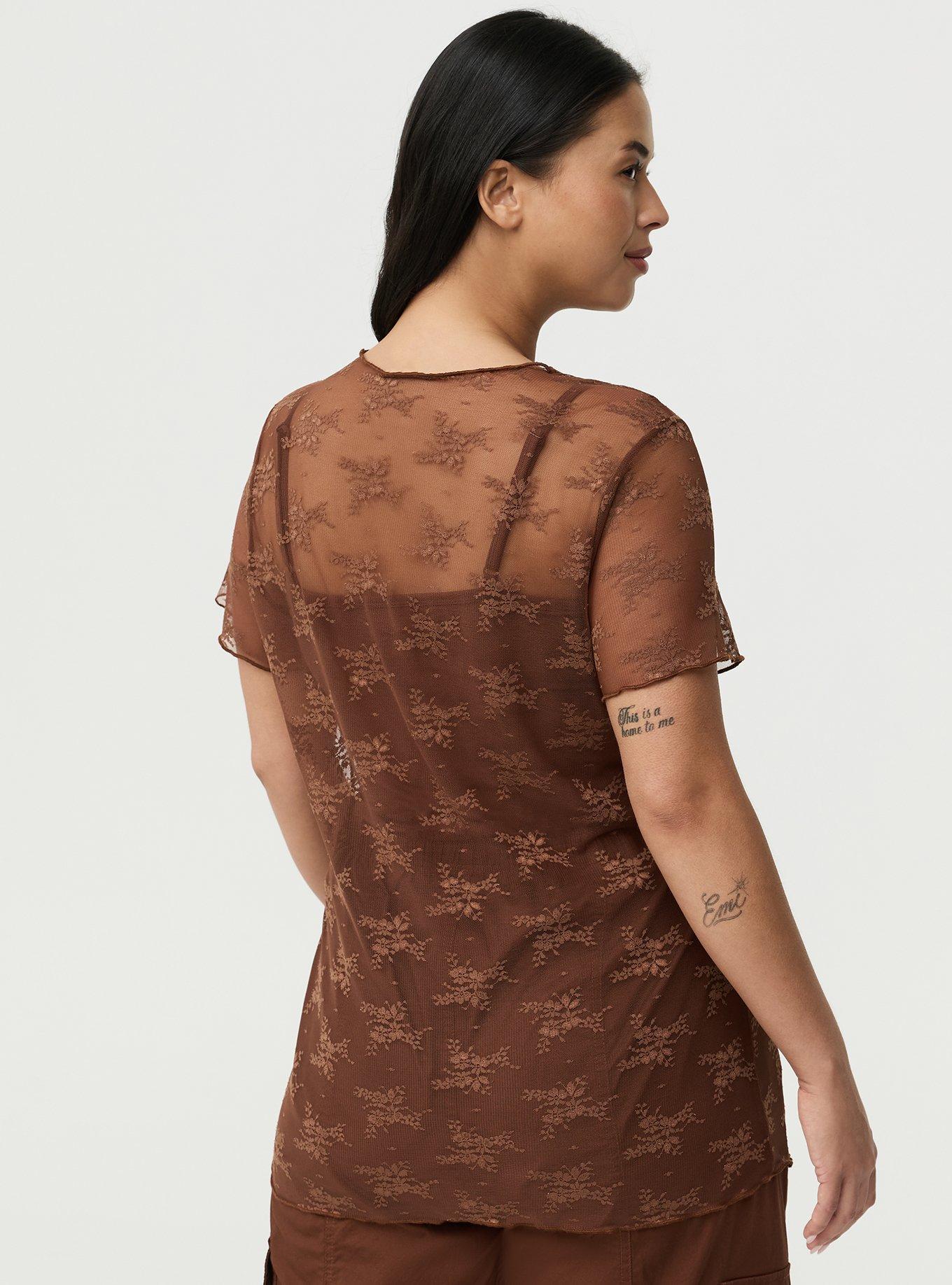 Sheer Lace Short Sleeve Top, CAPPUCCINO, alternate