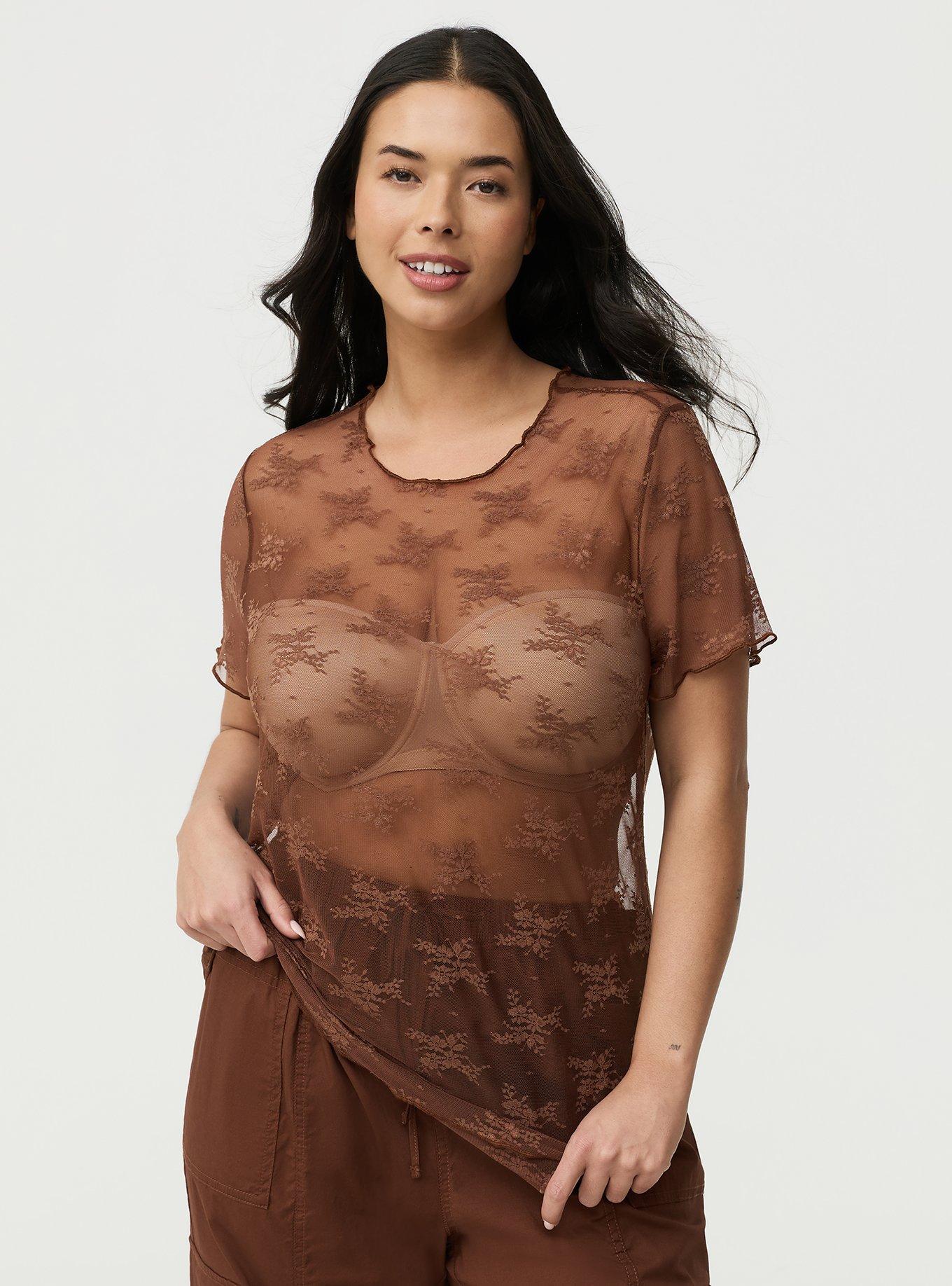 Sheer Lace Short Sleeve Top, CAPPUCCINO, alternate