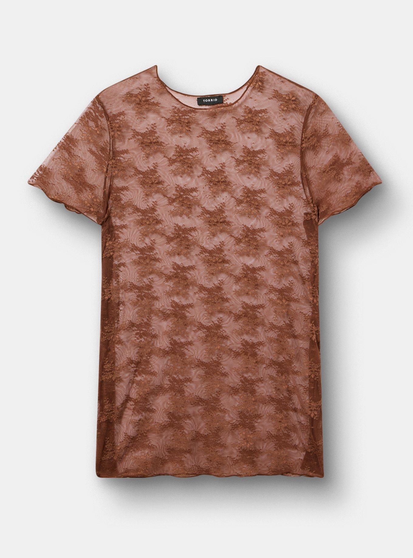 Sheer Lace Short Sleeve Top, CAPPUCCINO, hi-res