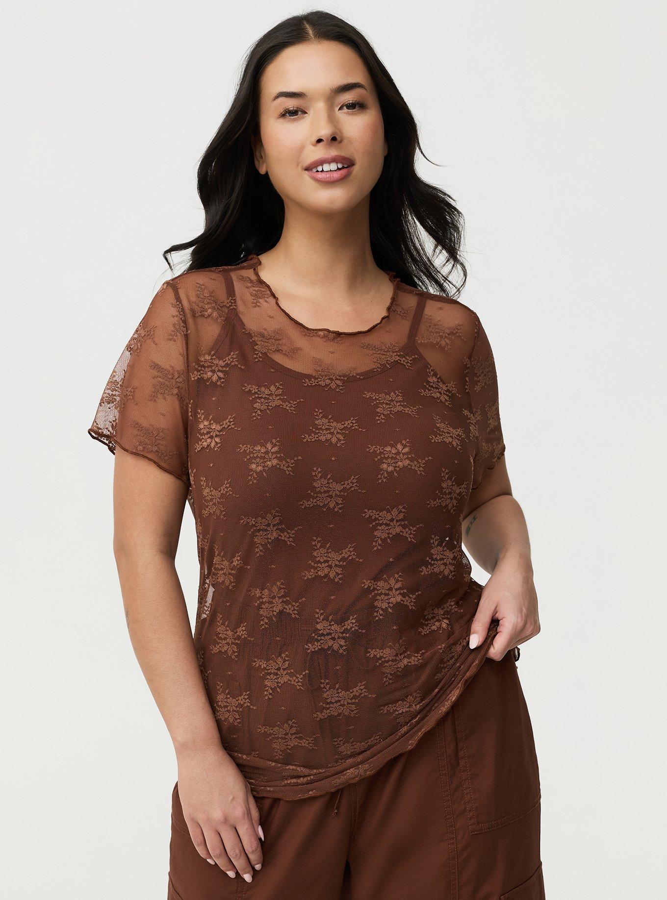 Sheer Lace Short Sleeve Top, CAPPUCCINO, hi-res