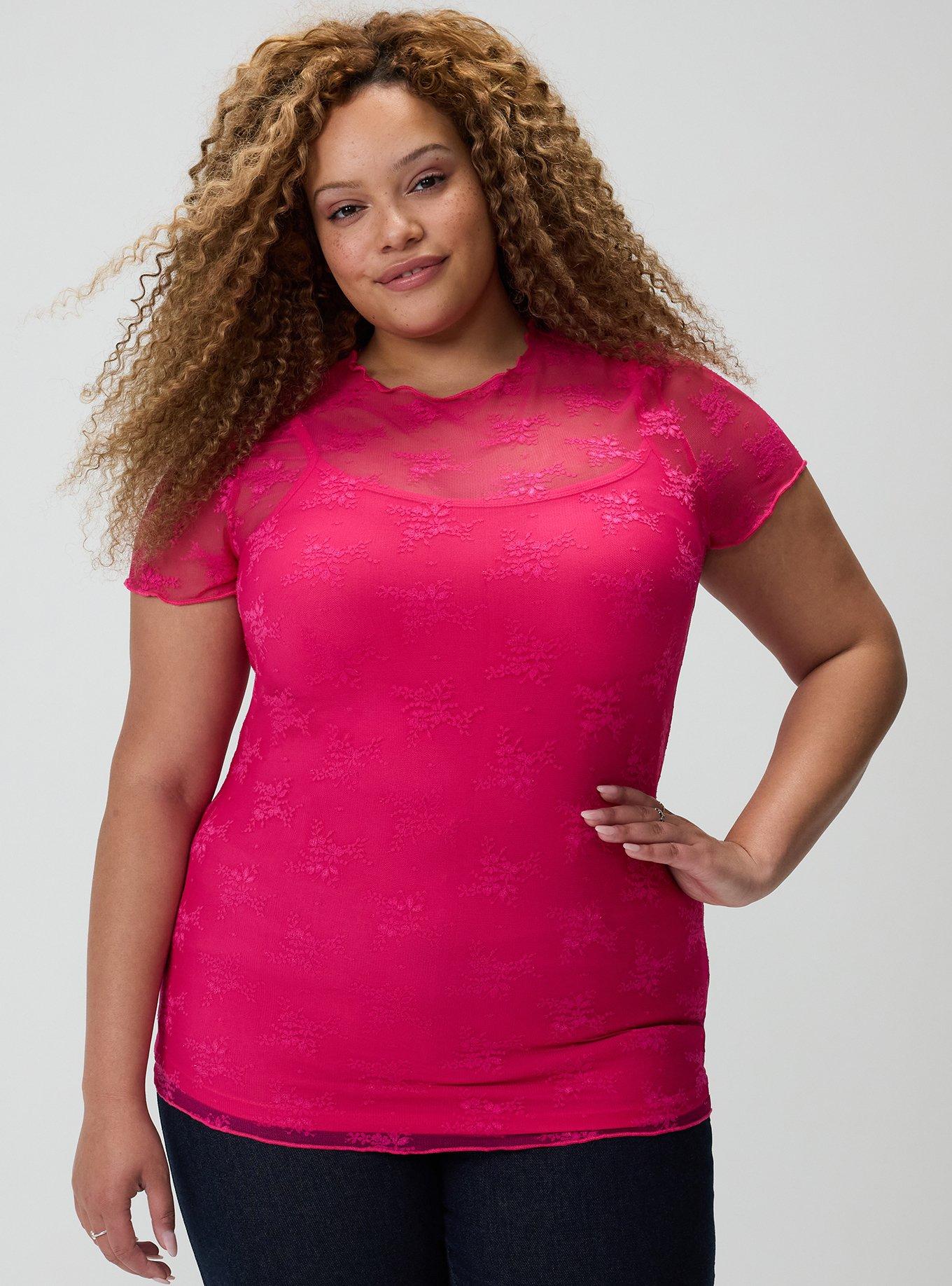 Sheer Lace Short Sleeve Top, BEETROOT PURPLE, hi-res