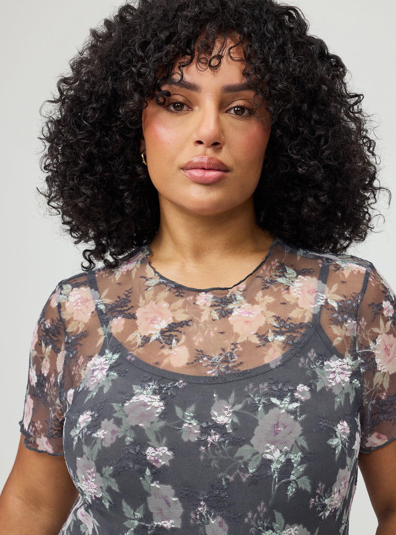 Sheer Lace Short Sleeve Top, NORI FLORAL GREY, alternate
