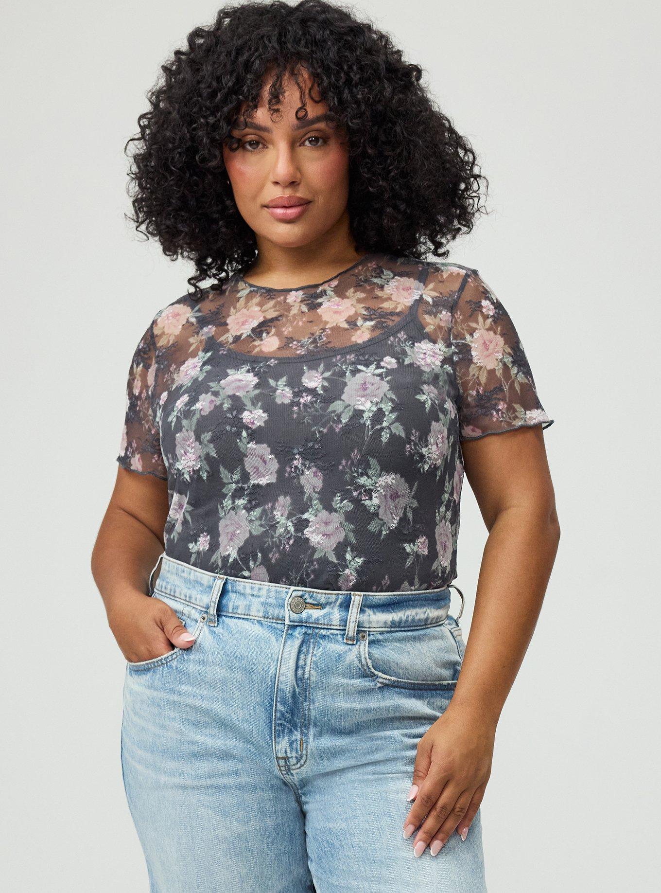 Sheer Lace Short Sleeve Top, NORI FLORAL GREY, alternate