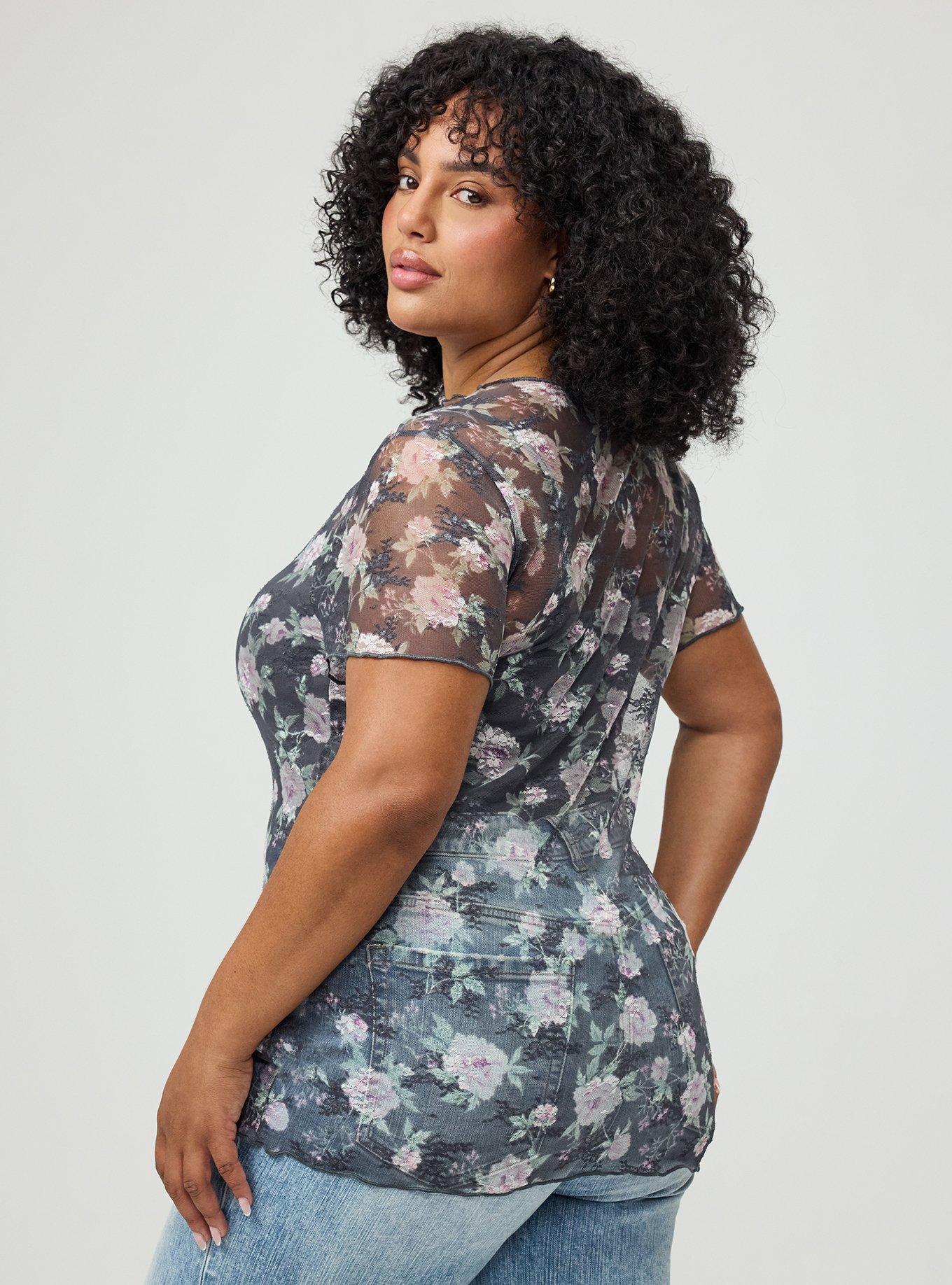 Sheer Lace Short Sleeve Top, NORI FLORAL GREY, alternate