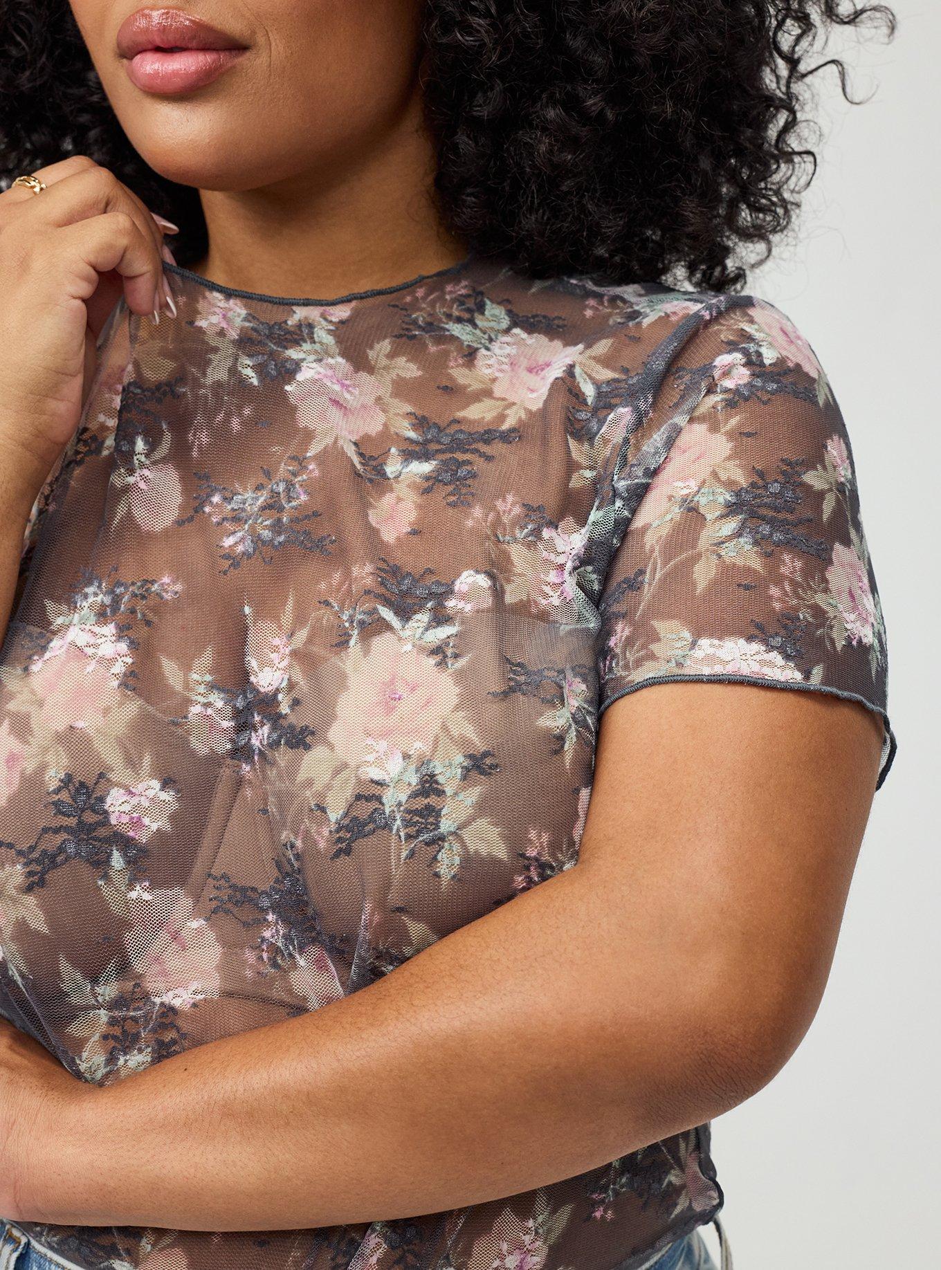 Sheer Lace Short Sleeve Top, NORI FLORAL GREY, alternate
