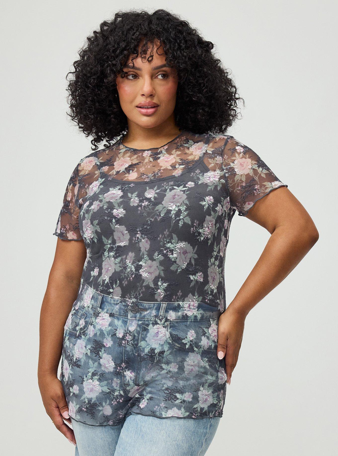 Sheer Lace Short Sleeve Top, NORI FLORAL GREY, hi-res