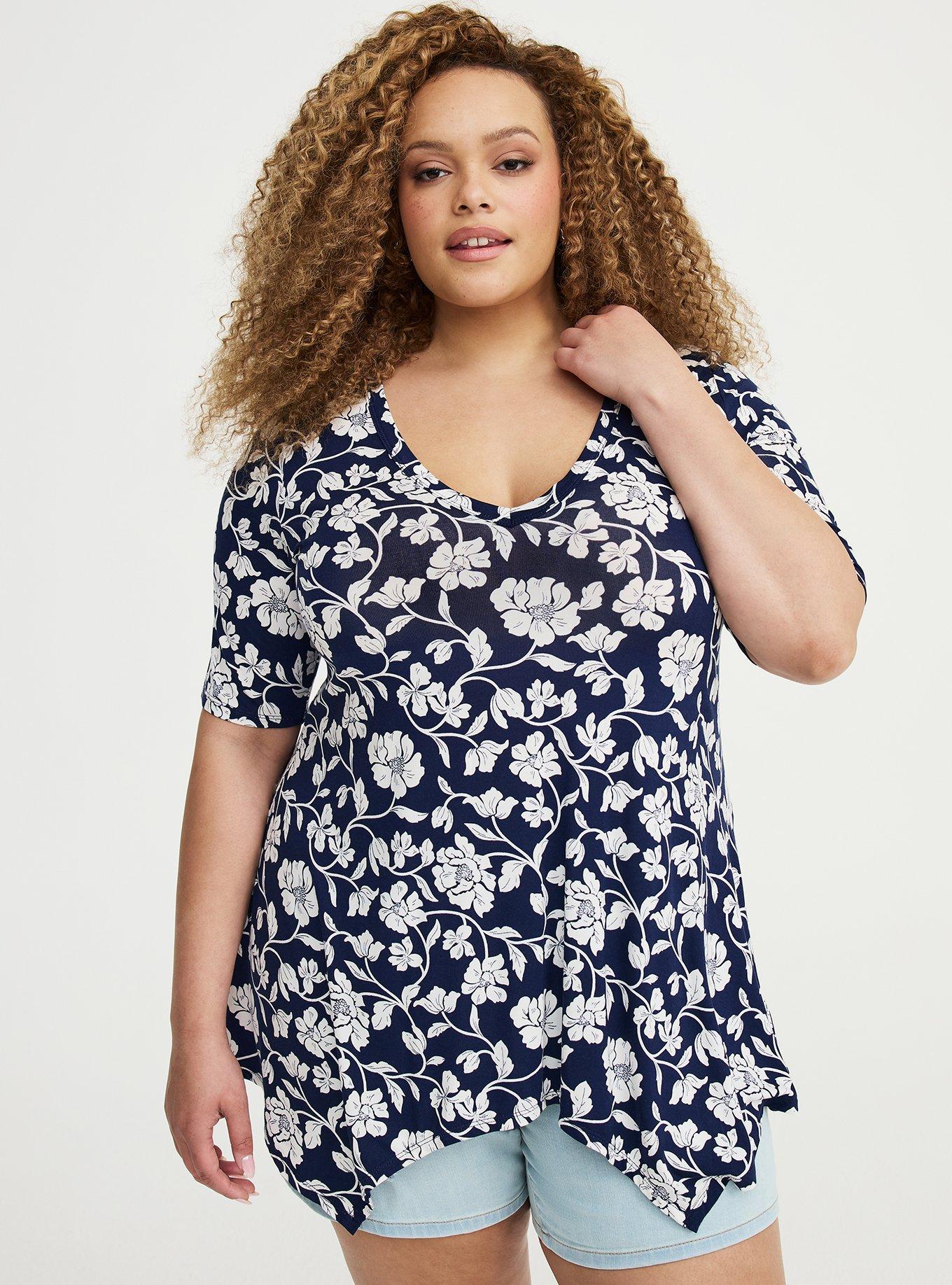 Plus Size Super Soft Hanky Hem Tunic, BOUDOIR ROSE FLORAL NAVY, hi-res