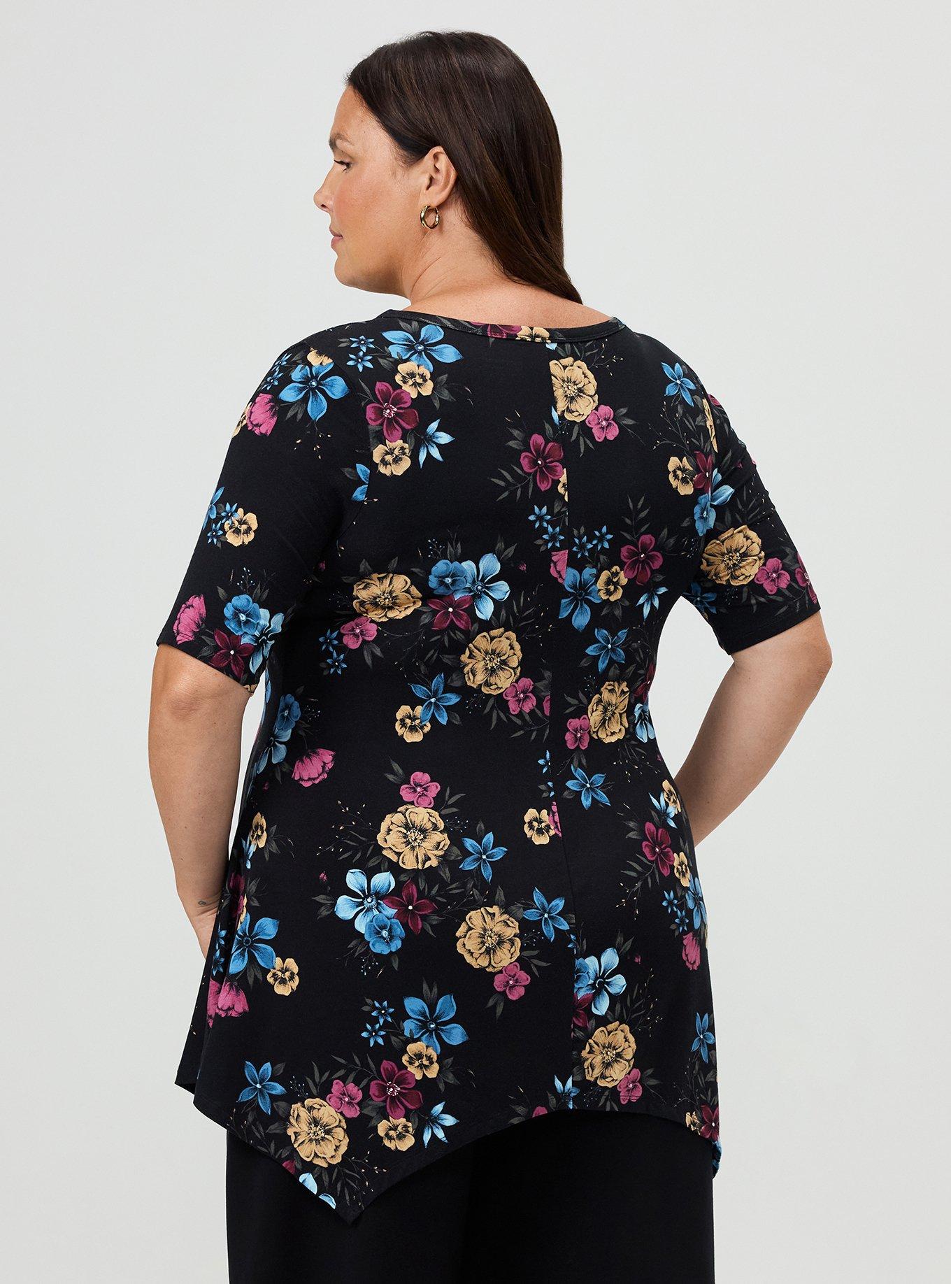 Super Soft Hanky Hem Tunic, TEIRED FLORAL BLACK, alternate