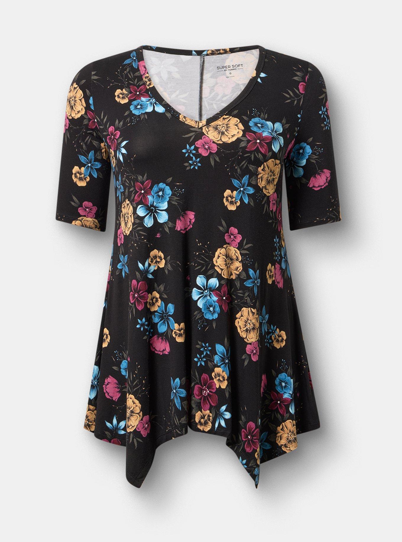 Super Soft Hanky Hem Tunic, TEIRED FLORAL BLACK, flat