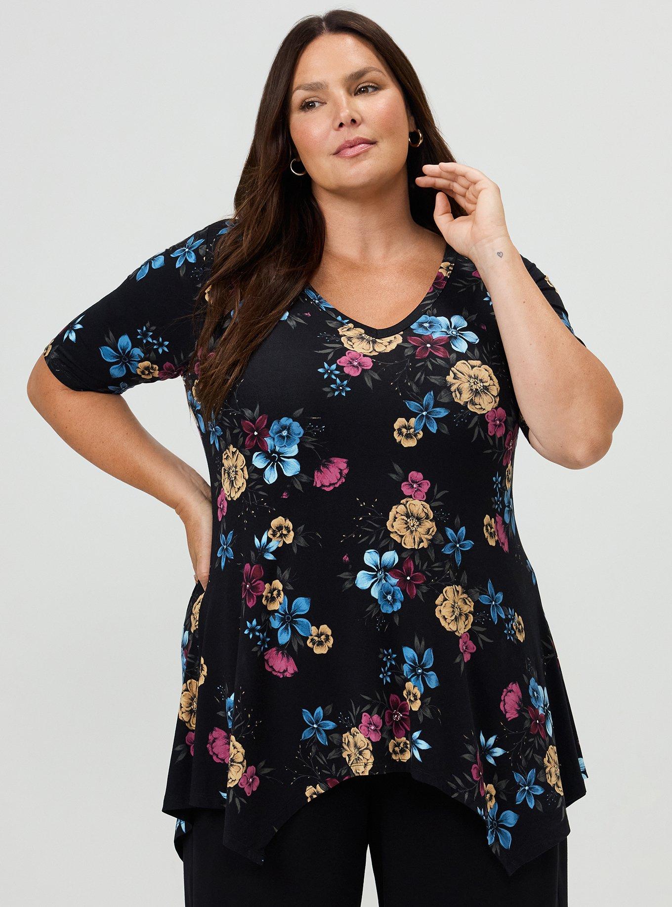 Super Soft Hanky Hem Tunic, TEIRED FLORAL BLACK, hi-res