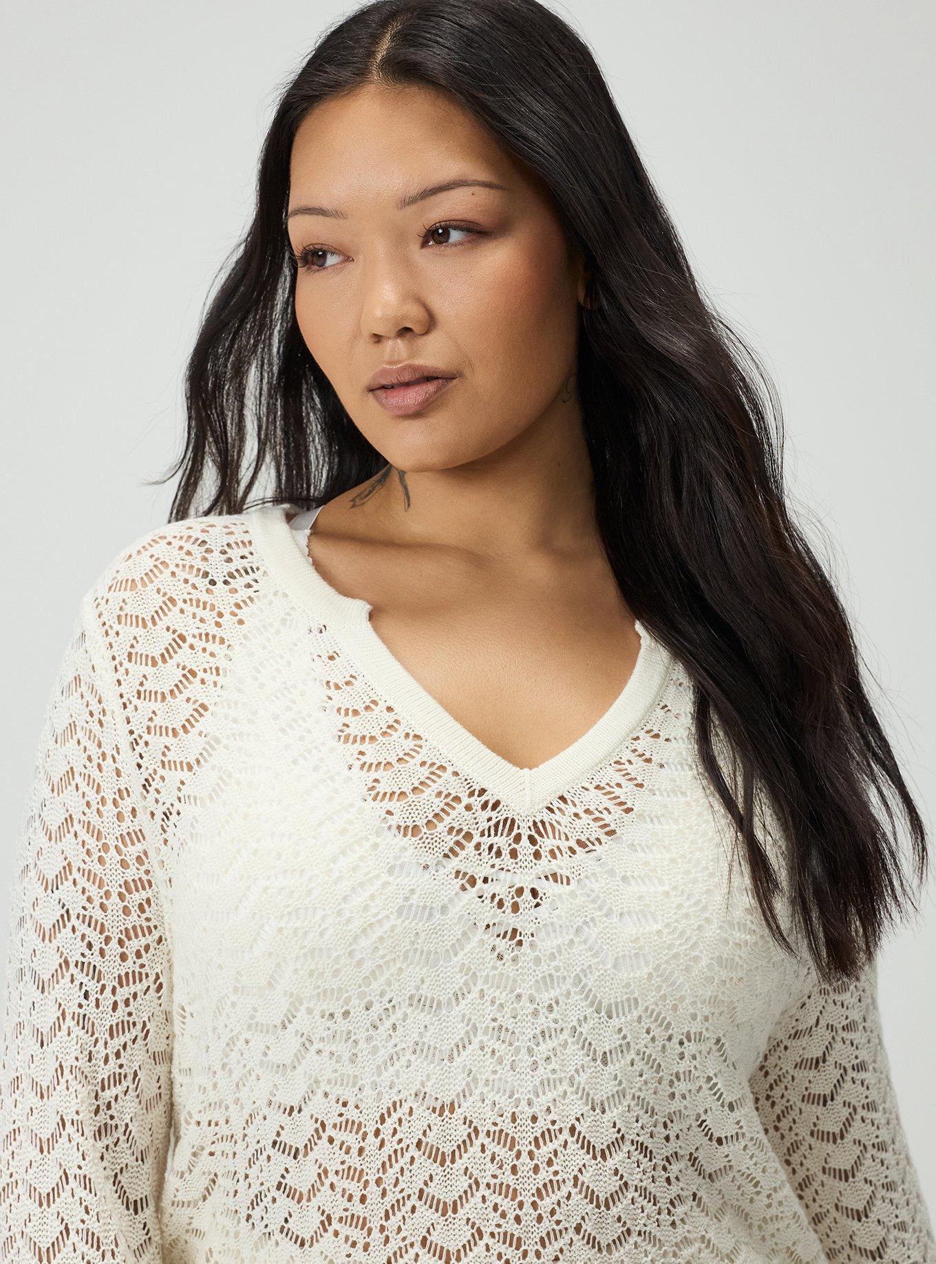Pointelle V-Neck Pullover Sweater, WHISPER WHITE, alternate